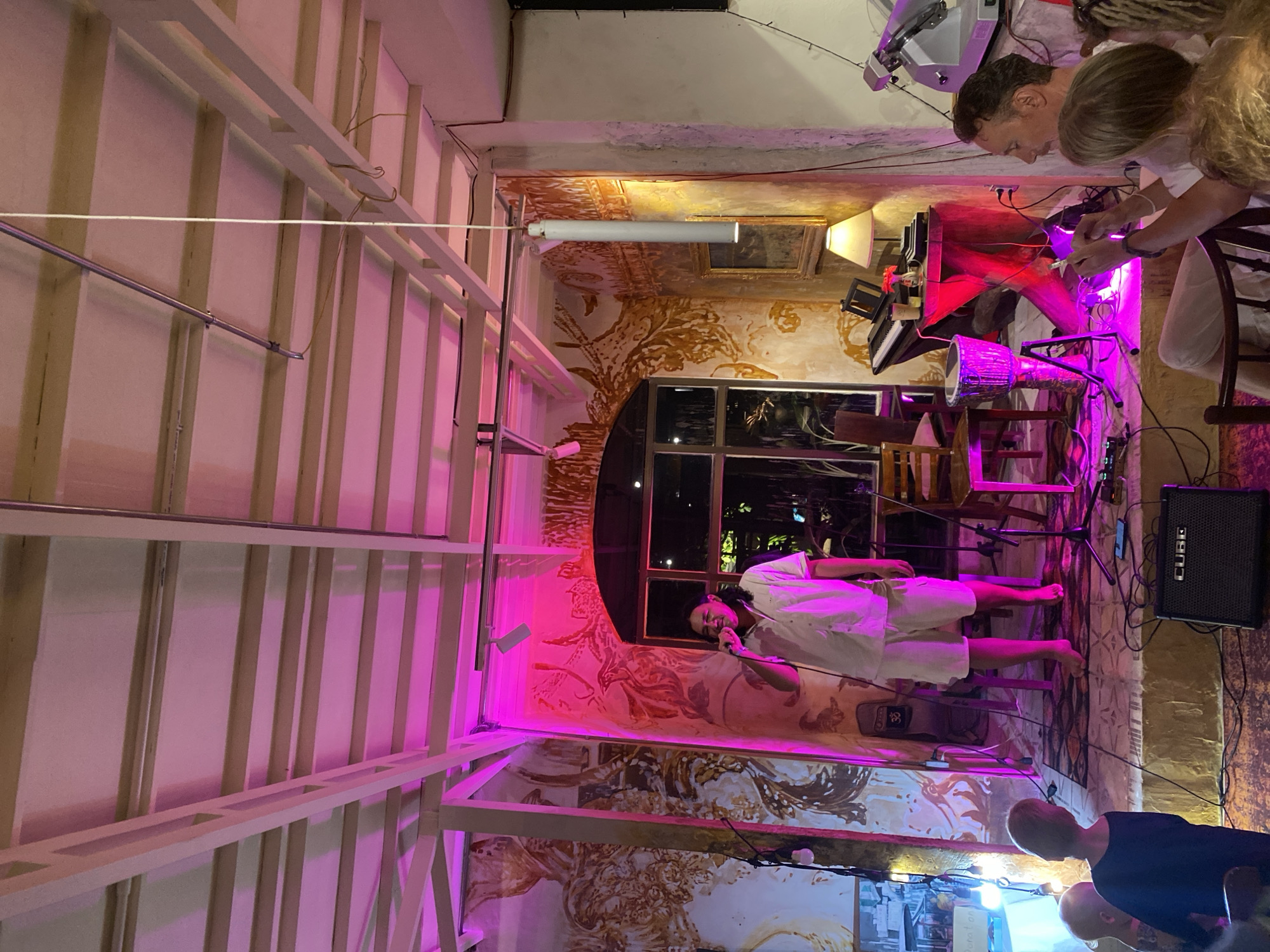 This media file depicts a live music performance in an indoor venue, possibly a bar or restaurant, illuminated by vibrant pink lighting. The scene is bustling with activity. In the foreground, a person in a white shirt and shorts is singing into a microphone, their body angled towards the audience. Behind them, a keyboardist is seated, focused on their instrument. Other individuals are visible in the background, some appearing to be audience members or fellow performers, interacting with the musical setup.
The setting features decorative walls with intricate, possibly painted, artwork. A large window offers a glimpse of the outside, though the time of day is not definitively clear due to the indoor lighting. There are various musical instruments and equipment scattered throughout the space, including a keyboard, a drum, speakers, and microphones, all contributing to the lively atmosphere. The overall mood seems energetic and engaged, typical of a live performance. The specific location is not identifiable from the visual cues. No discernible text is present in the image.
