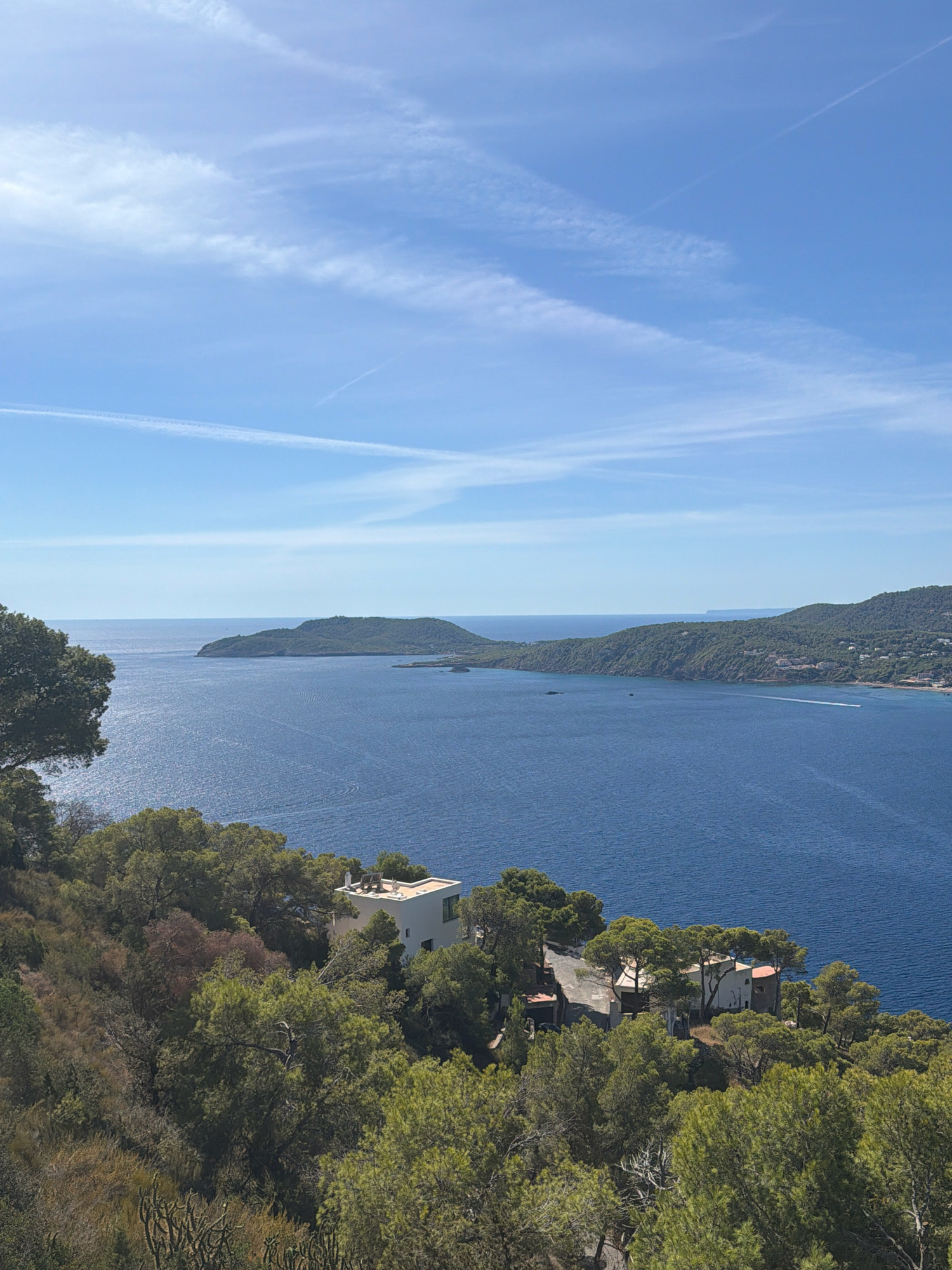 The image captures a scenic view of the sea and coastline. In the foreground, dense green trees and vegetation cover a hillside. A modern white building with a flat roof and windows is visible nestled among the trees on the slope. Beyond the trees, a vast expanse of deep blue water stretches out to the horizon. In the distance, a curved coastline with green hills rises from the sea. The sky above is a clear blue with wispy white clouds. The water exhibits a shimmering, sunlit surface. The location appears to be Cala De Sant Vicent, Spain.