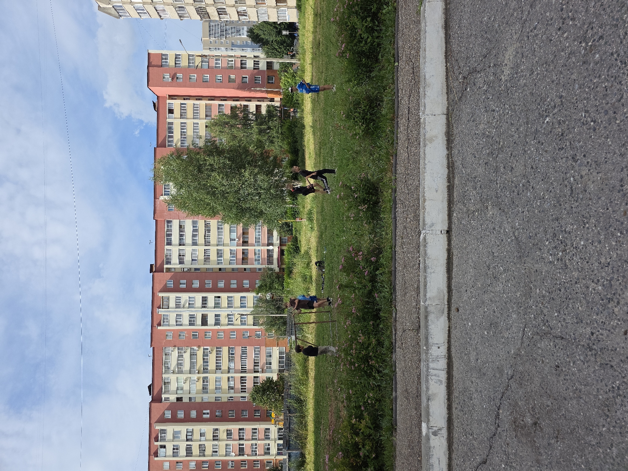 A group of five young people are visible on a grassy area in front of a multi-story apartment building in Novocheboksarsk, Russia. Two boys are standing near a simple metal structure in the foreground, one in a black t-shirt and light-colored pants, the other in a dark t-shirt and dark pants. To their right, two more boys are standing in the grass. One is wearing a black t-shirt and black pants, and the other is wearing a blue t-shirt and white shorts. To the far right, a fifth boy, wearing a blue t-shirt and blue shorts, stands facing the others. The background features a long, pink and yellow apartment building with many windows. Several trees are also present in the grassy area and behind the apartment building. A paved road and curb are visible in the foreground, and a cloudy blue sky with thin power lines stretches across the top of the image.