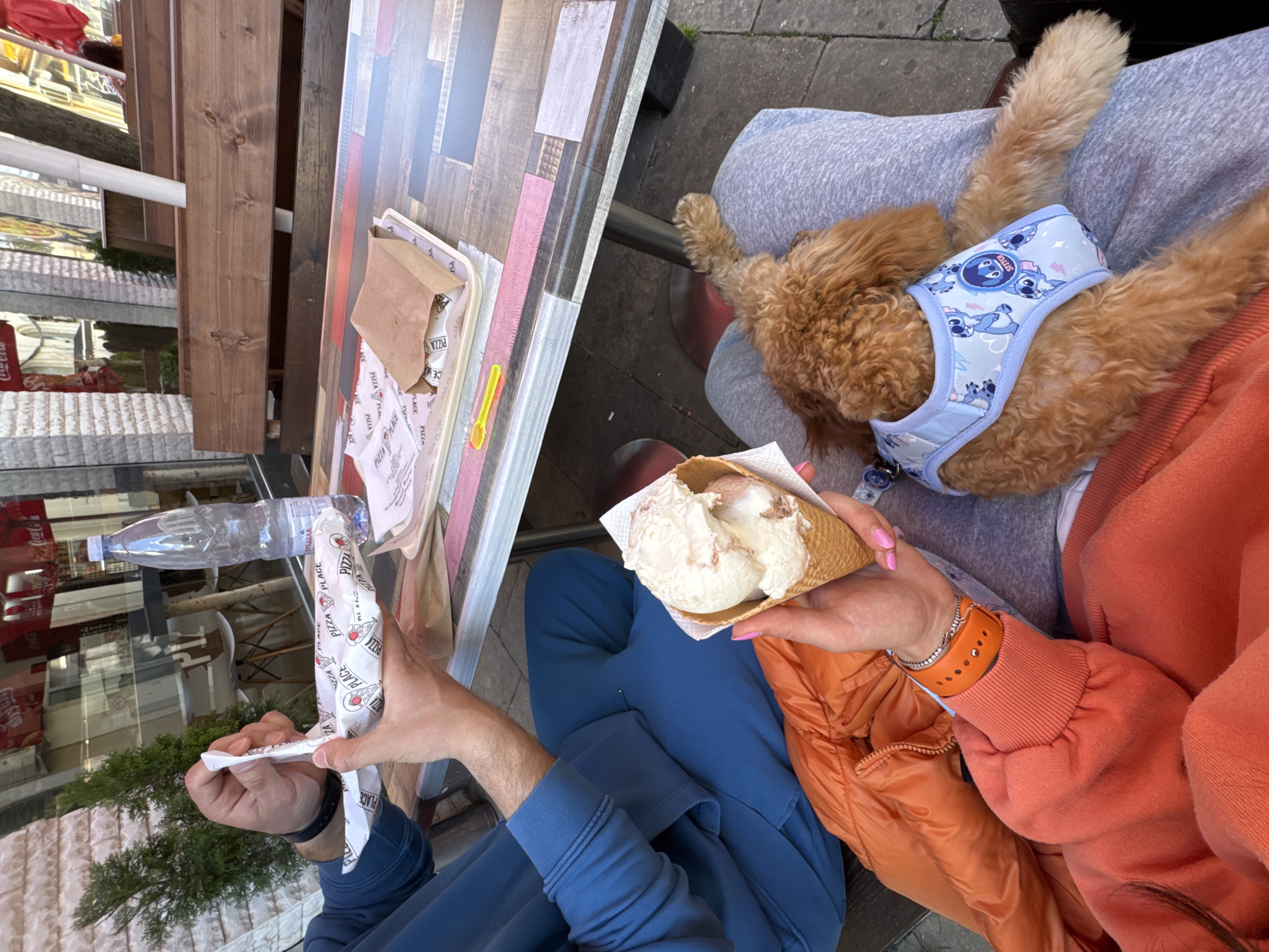 The image shows two people sitting at a table outside what appears to be a pizzeria, enjoying refreshments. The scene is shot from an overhead perspective.
One person, wearing a blue long-sleeved shirt or jacket, is holding a packet of pizza-related paper with writing on it. A water bottle is nearby on the table. The other person, wearing a coral-colored sweatshirt and a light orange jacket, is holding an ice cream cone with multiple scoops of light-colored ice cream. A small, brown poodle wearing a light blue harness patterned with Stitch characters is lying on the person's lap.
The table has a patterned surface with various colors. The background suggests an urban setting with trees, buildings, and signage that appears to be associated with the pizza place. The repeated text "Pizza Place" appears on the pizza papers. The location is suggested to be Blagoevgrad, Bulgaria.