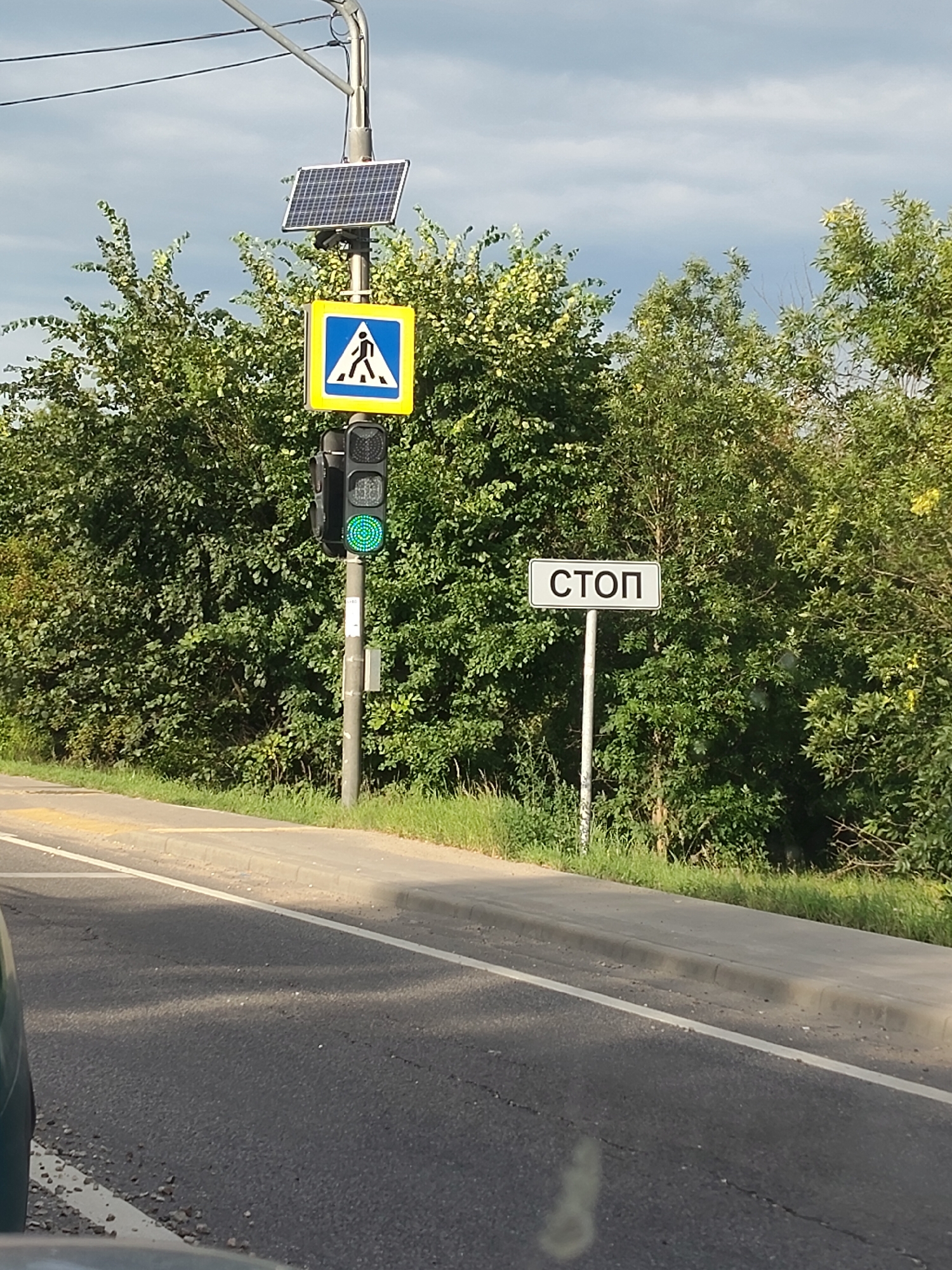 In Chepelyovo, Russia, a traffic light with a solar panel is installed on a pole. Above the traffic light, a pedestrian crossing sign is visible. A rectangular sign with the Russian word "СТОП" (STOP) is mounted on a separate pole to the right of the traffic light. The traffic light is currently displaying a green signal. The scene is set in an outdoor environment with lush green trees and foliage in the background, and a road with a pedestrian walkway in the foreground. The sky above is partly cloudy.