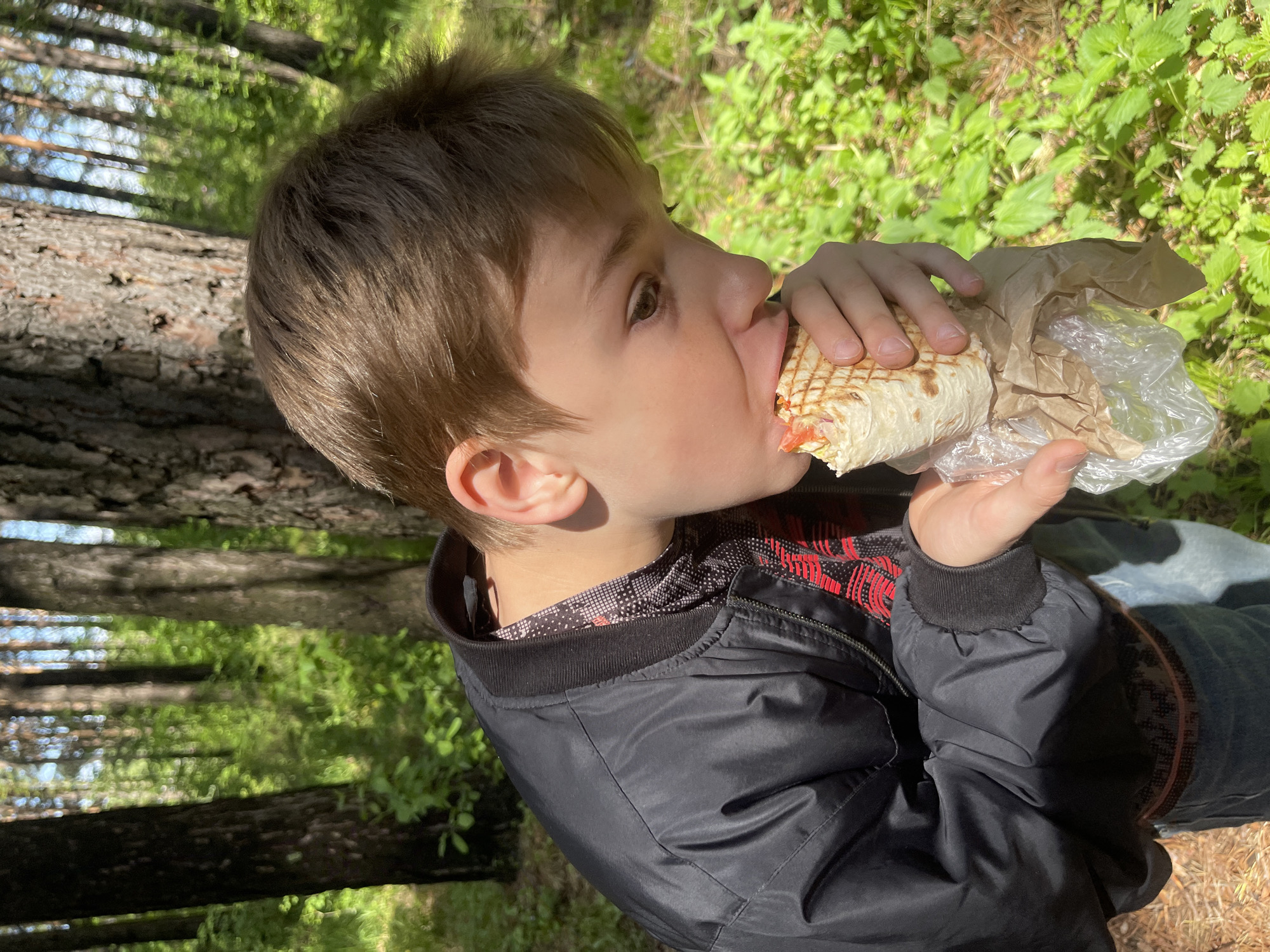 A boy is eating a wrap in a forest. The wrap is in a brown paper bag and a plastic bag. The boy is wearing a black jacket with red detailing. The background is a green forest with pine trees. Location: Минино, Russia.
