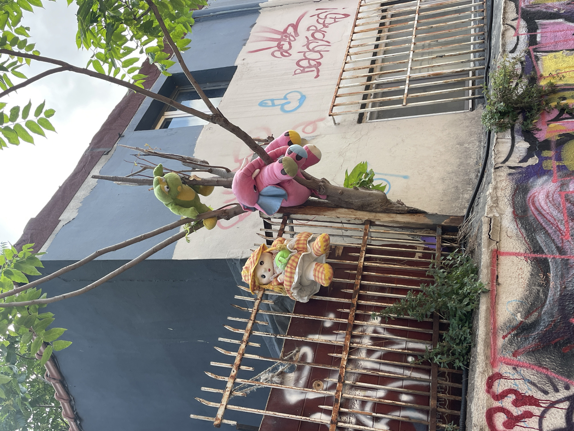 In Kadıköy, Turkey, a tree grows in front of a weathered, two-story building. The building's facade is adorned with graffiti. A rusty metal fence runs horizontally across the image in the foreground and midground. A tree branch extends from the right side of the frame, and smaller branches are visible throughout.
On the left side of the image, a doll is seated on the fence, wearing a yellow and orange checkered dress and a matching hat. The doll has light skin, rosy cheeks, and blonde hair.
Further up the tree, a green stuffed frog is perched on a branch. To the right of the frog, a pink stuffed elephant is draped over a branch, its trunk curled and its ears blue. The elephant's feet appear to be yellow and blue.
The building's walls are painted a dark blue on the upper left and a lighter, weathered color on the right. A window is visible on the upper right side of the building. The sky above is cloudy.