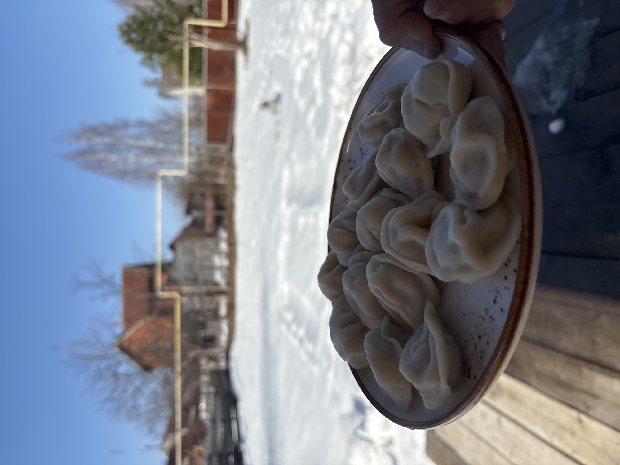 A plate of dumplings is held in front of a winter scene. The plate is cream-colored with a brown rim and contains many boiled dumplings. The background consists of snow-covered ground, buildings with red roofs, bare trees, and a clear blue sky. The location is Chaikovsky, Russia, as implied by the origin of the image. The dumplings are being held over a wooden deck. A human hand is visible holding the plate.