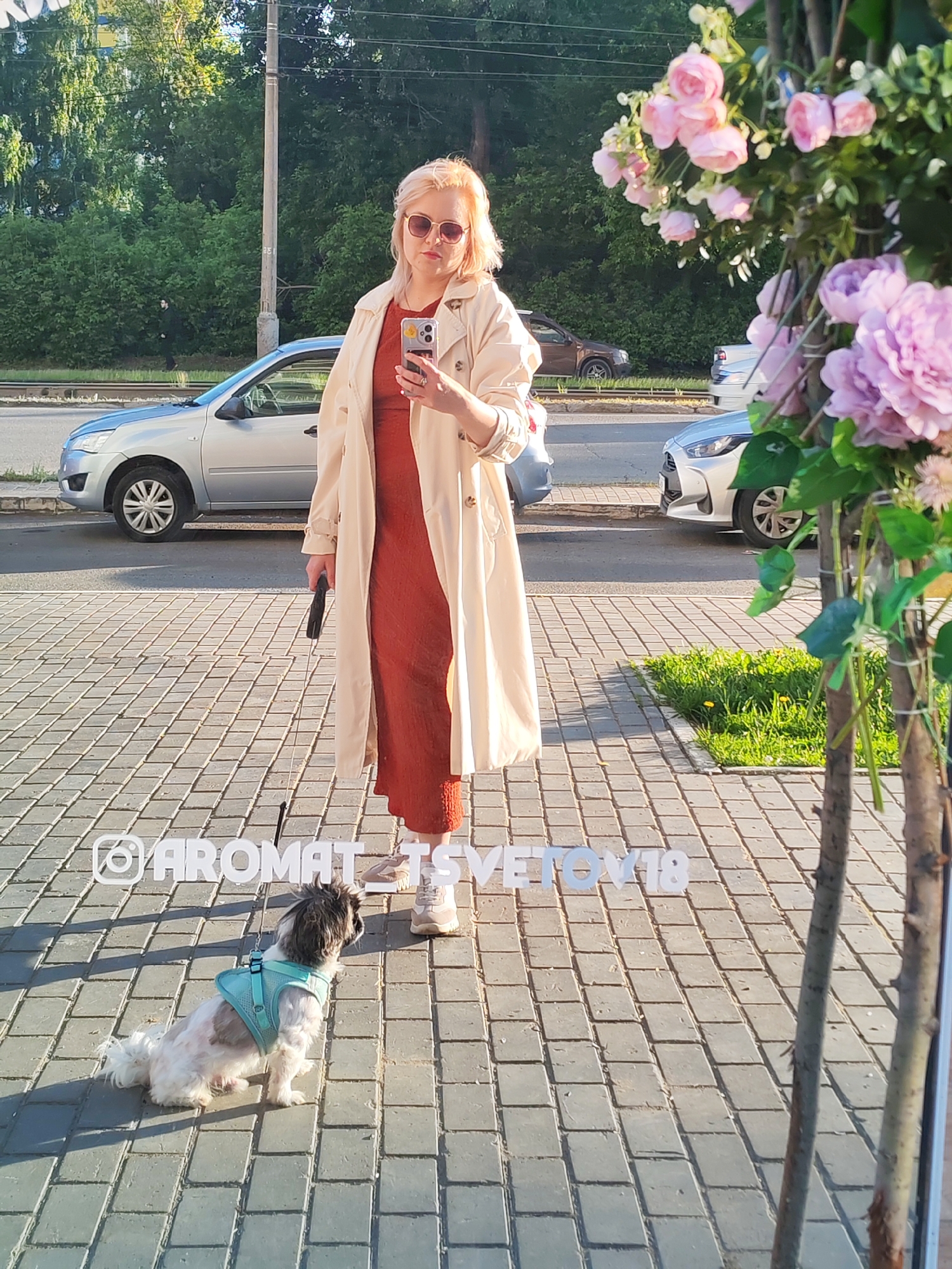The image depicts a woman and her small dog on a paved sidewalk in what appears to be an urban or suburban area in Izhevsk, Russia. The scene is brightly lit by the sun, suggesting either late morning or afternoon, with clear shadows cast on the ground.
The primary subject is a blonde-haired woman wearing sunglasses, a long, light-colored trench coat over a burnt-orange-colored long dress, and light-colored sneakers. She is holding a smartphone in her right hand, possibly taking a selfie or viewing content, and a dark object in her left hand. Her expression, largely obscured by sunglasses, appears neutral.
Beside her, a small, fluffy dog, possibly a Shih Tzu, with dark, white, and brown fur, sits on the sidewalk wearing a light blue harness.
In the background, a street is visible with several cars parked or moving. Beyond the street, dense green foliage, including trees and bushes, suggests a park or natural barrier. To the right, a decorative arrangement of pink and purple artificial flowers is mounted on a stand or pole, partially framing the scene.
On the paved ground in front of the woman and dog, white lettering is visible, spelling out what appears to be a social media handle: "@AROMAT_TSVETOV18". The overall impression is a casual outdoor moment on a sunny day.