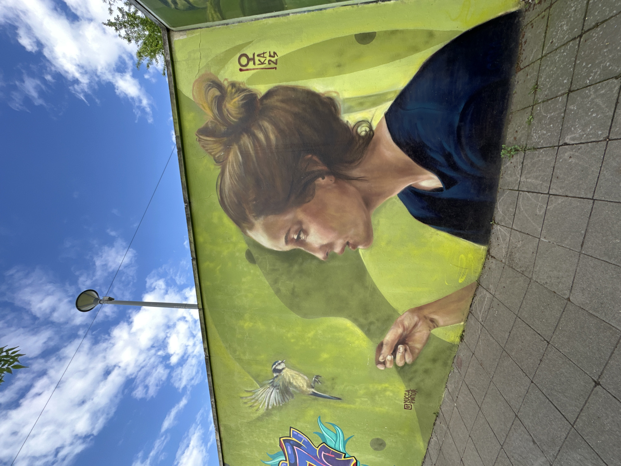 The image shows a mural on a wall in Sofia, Bulgaria. The mural depicts a woman with brown hair in a bun, wearing a dark blue top. She is looking down at a bird with spread wings, painted on the wall below her. The background of the mural is a blend of green hues. A street lamp is visible in the background, against a blue sky with scattered clouds. A section of the sidewalk borders the wall. There is some graffiti and text near the bottom of the mural, including what appears to be a signature from the artist, Yucca Pintor. There is also the signature of artist "Oka".