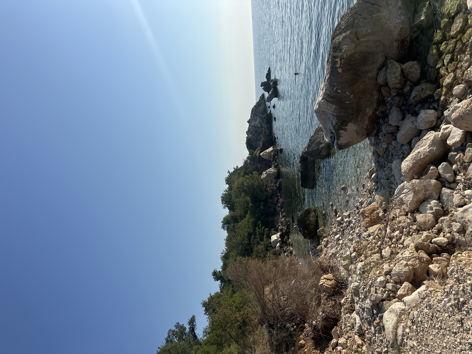 The image depicts a rocky shoreline in Sveti Stefan, Montenegro, on a clear, sunny day. The foreground is dominated by a jumble of light-colored rocks of various sizes, with a few larger boulders, one prominently in the lower right corner. Sparse dry vegetation is also visible among the rocks in the left foreground.
The shoreline gently slopes towards the Adriatic Sea, which is calm and appears clear, with a shallow area over a rocky seabed visible near the shore. The water is a tranquil blue, reflecting the clear sky.
In the mid-ground, a line of dark, rugged rocks juts out into the sea, forming a small cape. These rocks are covered with green vegetation on their upper surfaces. Beyond these, the sea stretches to the horizon, with a faint line indicating the distant coast or land. A small, dark silhouette of a person or animal is visible in the water to the right of the rocky outcropping, appearing to be swimming.
The background features a lush green hillside covered in dense trees, characteristic of the Mediterranean vegetation. The sky is a vast, cloudless expanse of bright blue, with a subtle lens flare or atmospheric haze visible in the upper right quadrant. The overall scene conveys a sense of natural beauty and tranquility.