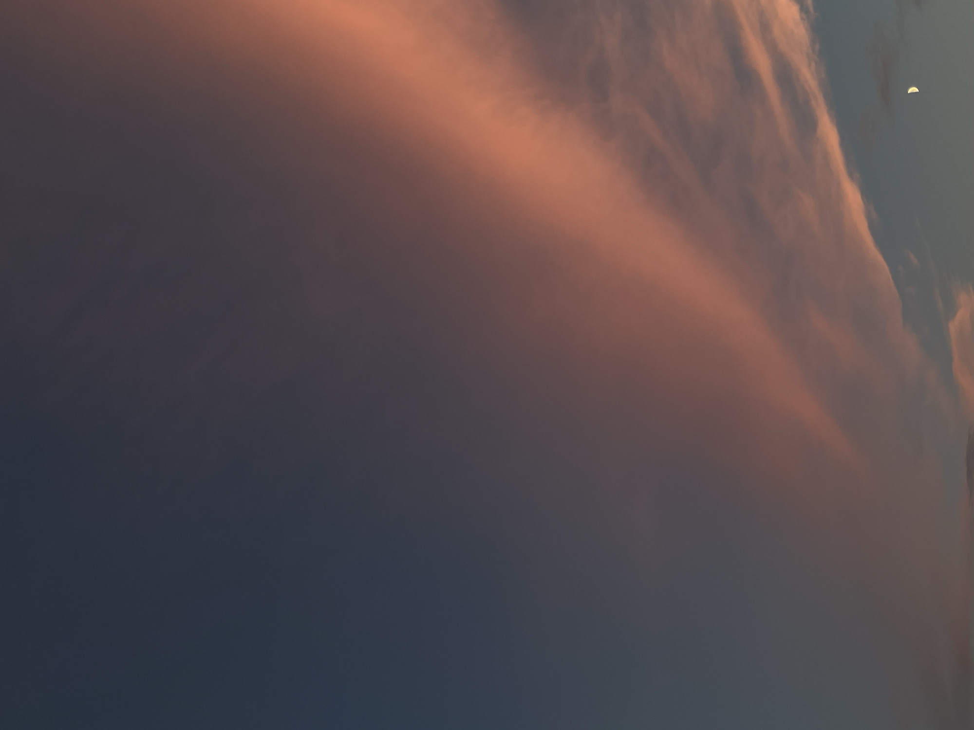 The image is a close-up, vertical shot of a dusky sky over Saint Petersburg, Russia. A prominent, elongated streak of pale pink clouds stretches diagonally from the lower right to the upper right of the frame. The rest of the sky is a deep, muted blue, transitioning to a lighter gray towards the bottom. A small, crescent moon is visible in the lower right quadrant of the image, partially obscured by darker clouds. The lighting suggests either sunrise or sunset. There are no discernible human subjects, objects, or actions within the frame. The scene depicts a natural atmospheric phenomenon.
