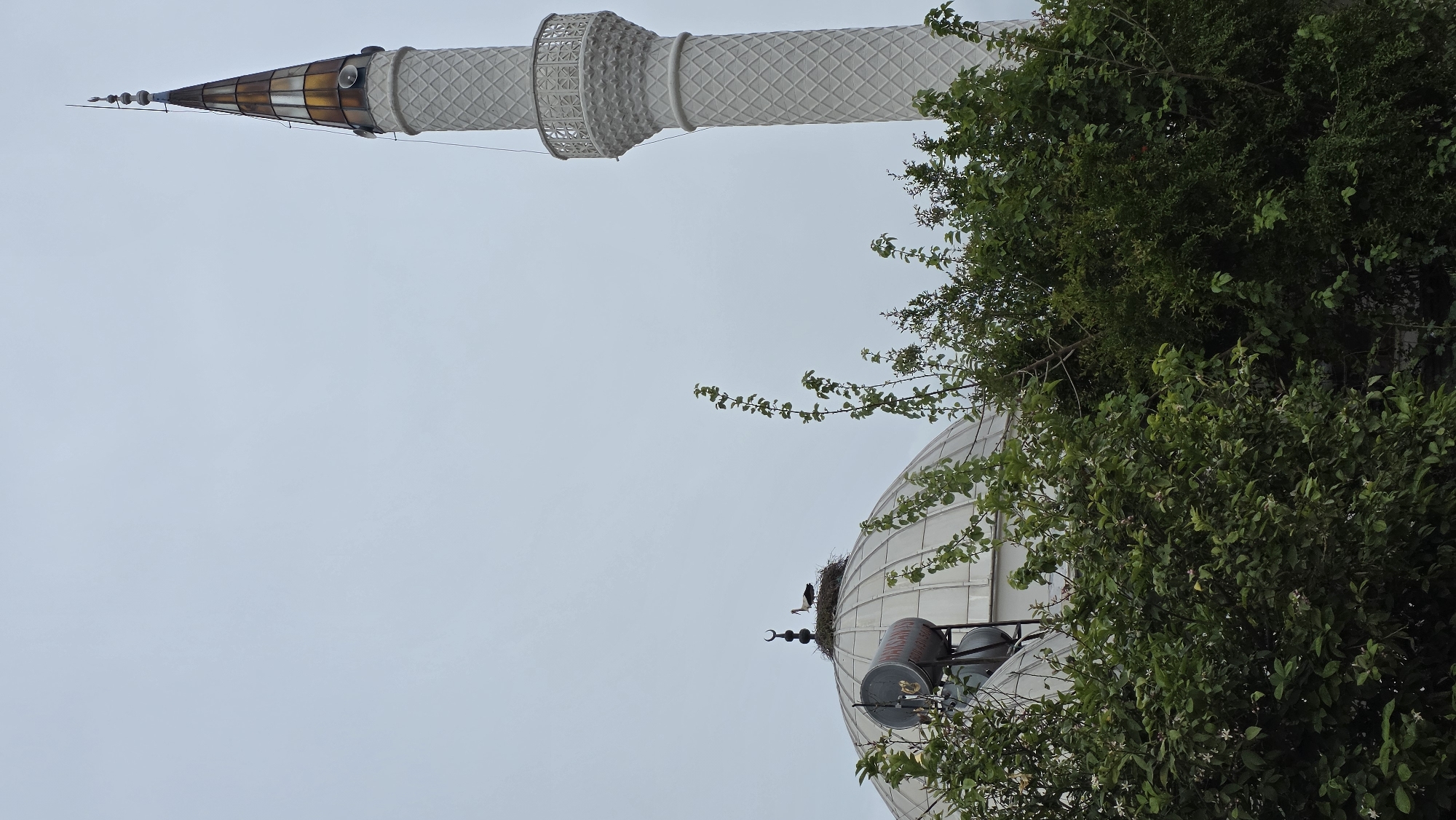 The image depicts a minaret tower and dome of a mosque in Fethiye, Turkey, seen from a low angle looking upwards. The minaret is white with a pointed, glass-paneled top. The dome is also white and partially obscured by a tree with green leaves. A bird's nest is visible on the dome, with a bird standing near it. Communication equipment is mounted on the dome as well. The sky is overcast and light gray.