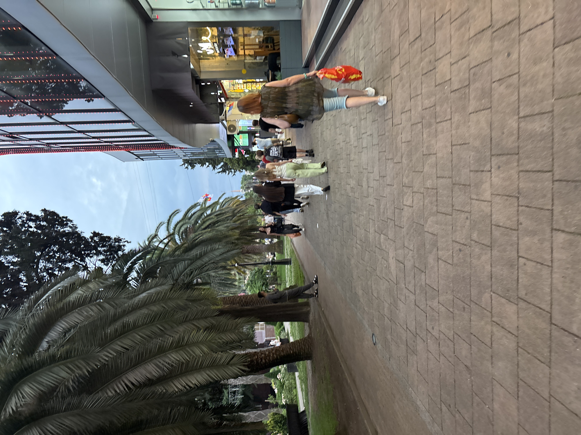 In Sochi, Russia, a group of people are seen strolling along a paved walkway lined with palm trees. The scene appears to be a promenade or a public park, with a building featuring large windows and storefronts on the left side of the image. The time of day is likely late afternoon or early evening, as indicated by the soft lighting and the overcast sky. The weather seems mild.
A woman in the foreground, facing away from the camera, is wearing a loose-fitting dark top and light-colored shorts. She is carrying a bright red bag in her right hand and a purse over her shoulder. Behind her, several other individuals are walking in the same direction. Some are dressed casually, in t-shirts and pants, while others appear to be in athletic wear. The individuals are diverse in age and gender, suggesting a mixed group of locals and tourists enjoying the public space.
The palm trees are a prominent feature of the setting, their fronds creating a lush, tropical atmosphere. The paving stones are arranged in a pattern, and a few lights are embedded in the walkway. The building on the left has a modern facade with rows of small red lights visible through its windows. There is no visible text in the image that is clear enough to read. The overall mood of the scene is relaxed and leisurely, with people engaged in typical outdoor activities.
