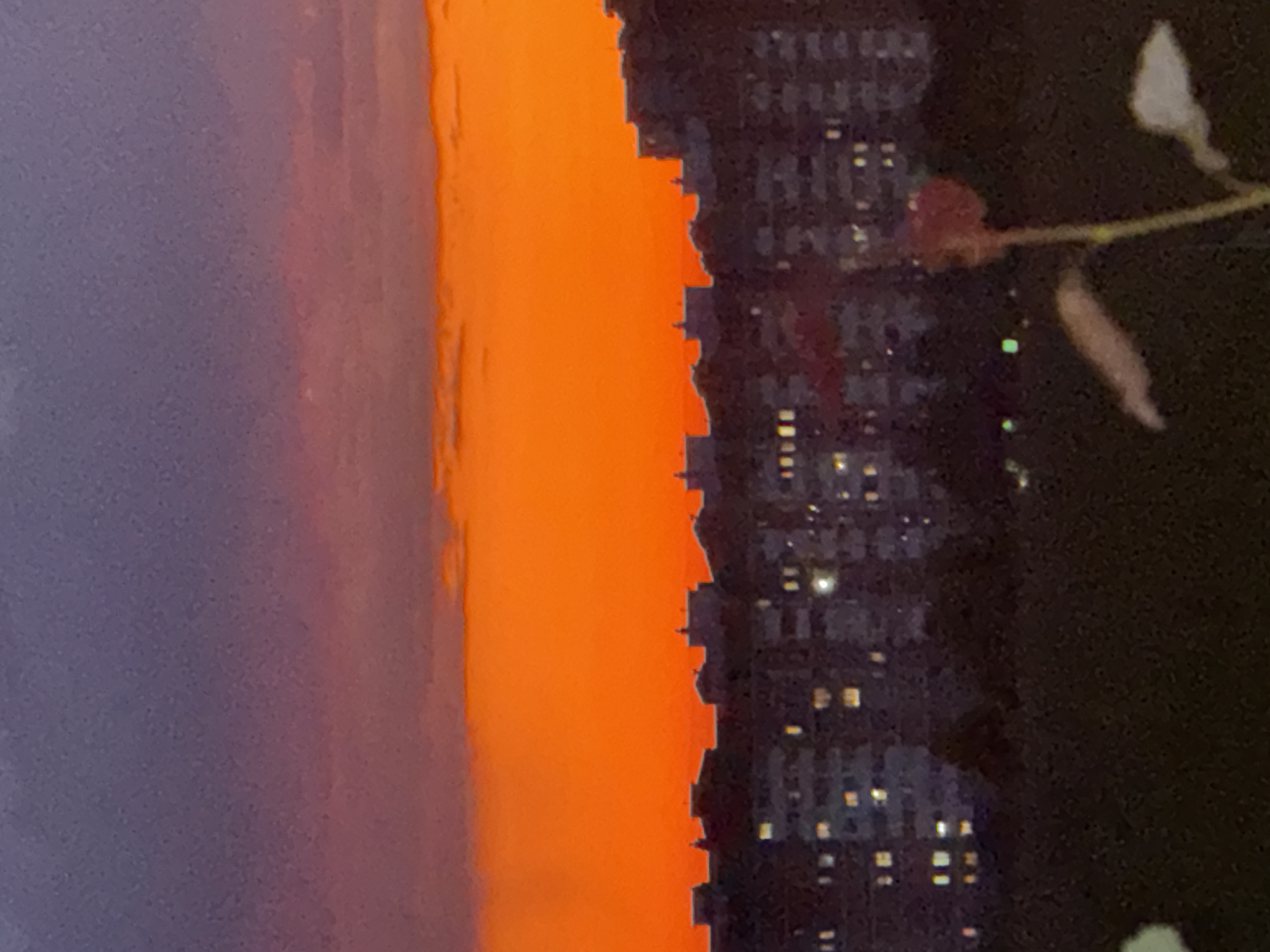The image depicts a nighttime cityscape with buildings silhouetted against an orange sky, possibly during sunset or sunrise. To the left is a section of the sky colored with shades of purple. The cityscape features lit windows of high-rise buildings, suggesting it is taken in an urban environment. In the foreground, there are blurred details of a plant, which may indicate the photograph was taken from a window. There is no definitive evidence to ascertain that the image was taken in Dmitrov, Russia.
