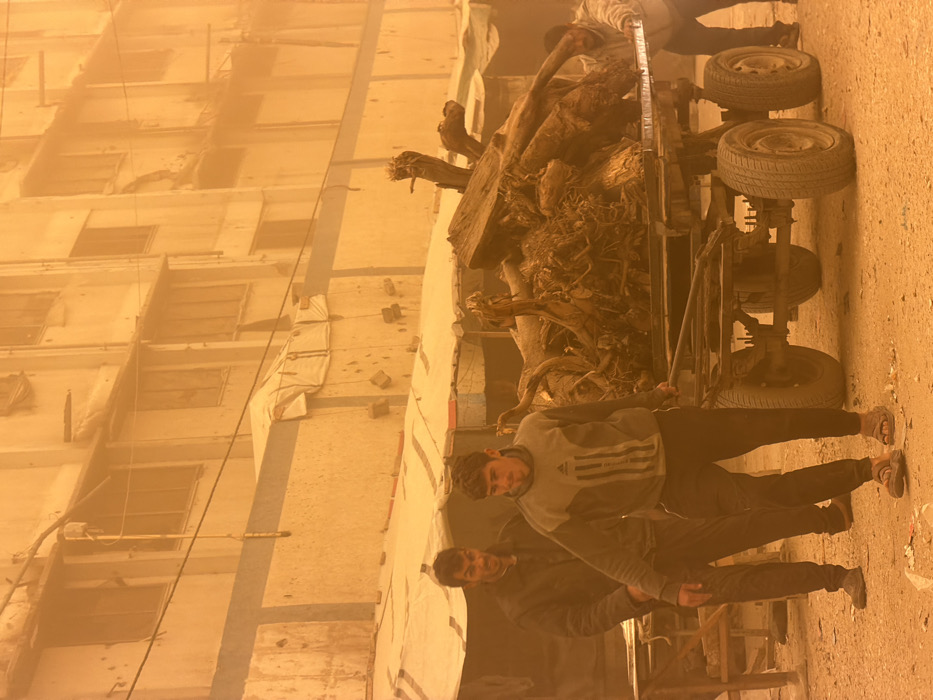 The scene depicts a street in an unidentifiable urban or semi-urban location during what appears to be a severe dust storm or heavy atmospheric haze, evidenced by the pervasive orange-brown tint and reduced visibility. Three adult males are engaged in moving a heavy, six-wheeled, unpainted metal cart laden with a substantial pile of gnarled tree roots and thick, dry wood.
In the foreground, a young adult male with dark hair, light eyes, and short facial hair wears a grey and black long-sleeved shirt with Adidas stripes, black sweatpants, and light-colored sandals. He walks towards the viewer's left, looking slightly right. Behind him, to the left, another adult male with dark hair and a mustache wears a dark jacket and dark pants, looking towards the right. To the far right, partially obscured, a third adult male in a light-colored long-sleeved shirt and dark pants pushes the cart from behind.
The ground is an uneven, dusty, light-brown surface. In the midground, low structures with white tarpaulin roofs are visible, suggesting makeshift market stalls or shelters. In the background, a multi-story building with multiple windows, some appearing covered or boarded, rises above the lower structures. The building's lower section features a prominent horizontal blue stripe and appears weathered, with exposed wires and pipes. The entire environment is shrouded in the orange-brown dust, obscuring distant details.