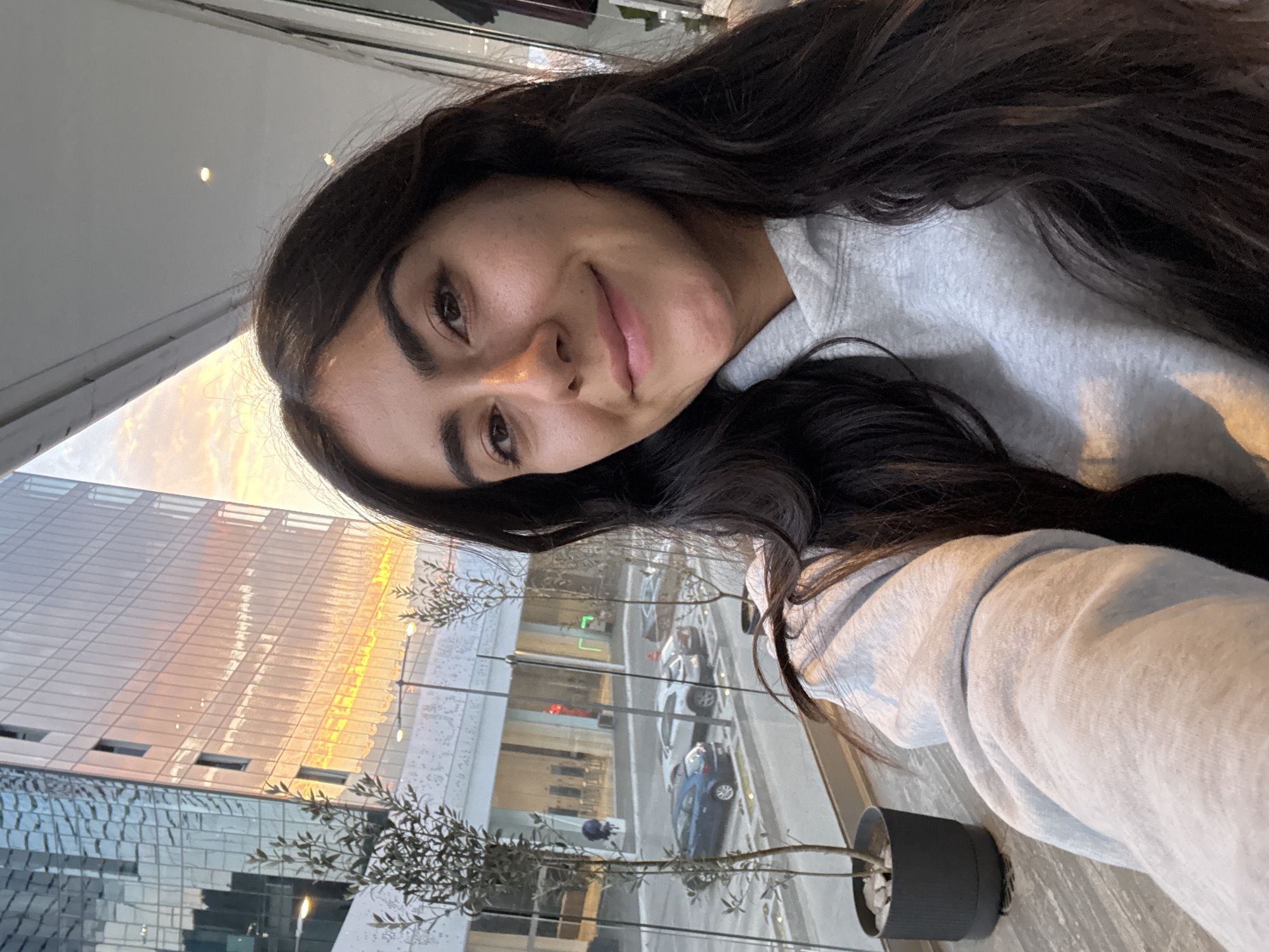 A young adult female, approximately 20-30 years old, with long, dark brown, wavy hair, and a warm complexion, is positioned centrally in the frame. She wears a light grey hooded sweatshirt and displays a faint smile while looking directly at the camera, indicating she is taking a selfie. Her right arm is partially visible, holding the camera.
The subject is indoors, seated near a large window on what appears to be an elevated floor, overlooking an urban environment. Overhead, a white ceiling with a single recessed light fixture is visible.
Outside the window, a paved area functions as a street or parking lot, accommodating at least four parked vehicles: a dark blue hatchback, a white SUV, a grey sedan, and another dark sedan. Several small, sparsely-leafed trees in black planters are arranged along the exterior of the window.
In the background, a modern, multi-story building with a light-colored, vertically-striped facade reflects a prominent orange and pink sunset sky, indicating late afternoon. A portion of another modern building with a blue-tinted glass facade is also visible in the reflection to the left. Across the street, a white building with large windows is visible.
Based on the distinctive modern architecture, including the glass-facade buildings and contemporary urban planning, the scene is located within the **Angelópolis** zone of Puebla, Mexico.