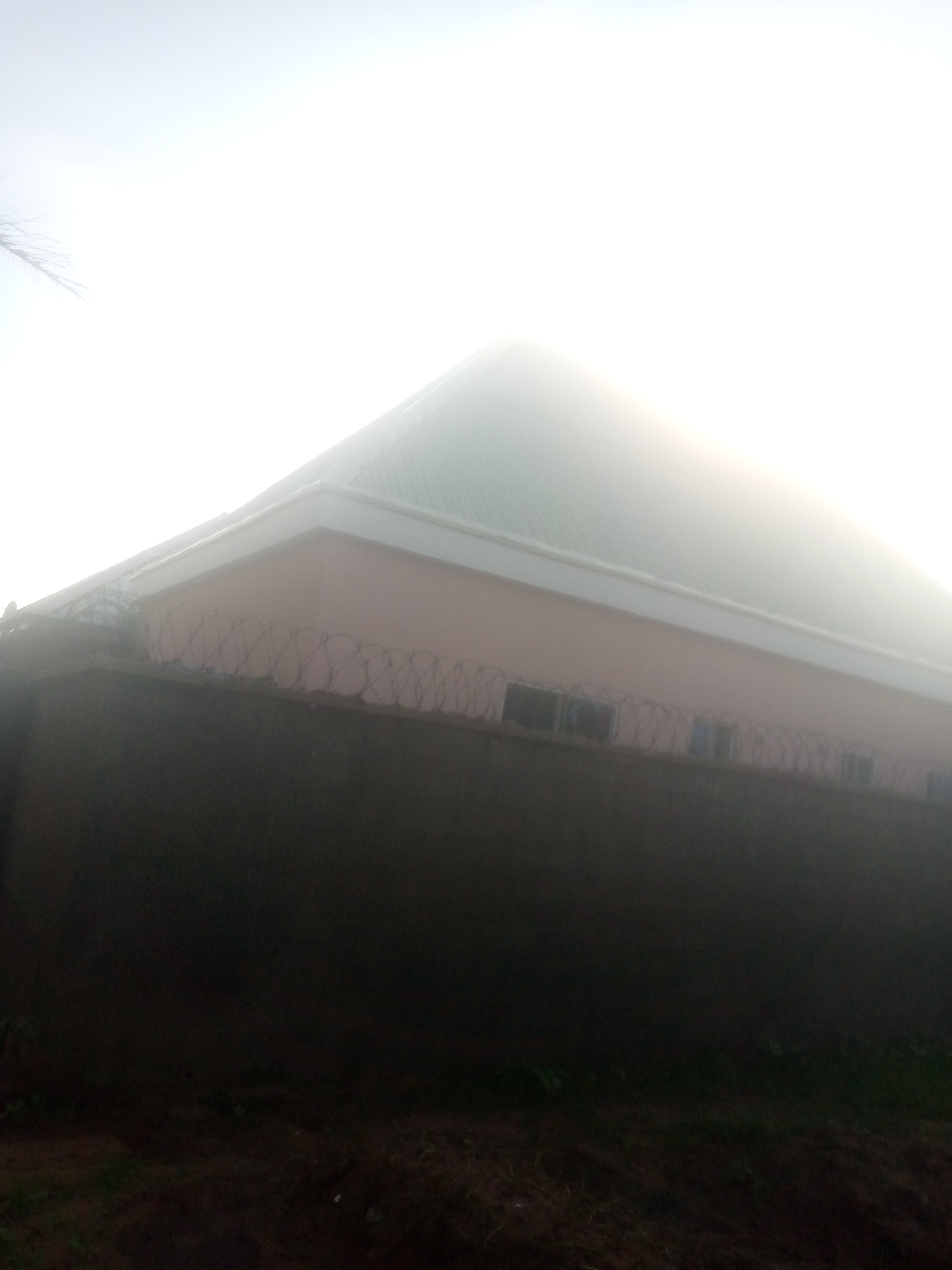 The image shows a building with a light pink exterior wall and a green metal roof. A dark, rough-textured wall topped with coiled barbed wire runs along the front of the building. Several dark-paned windows are visible along the building's wall, interspersed with the barbed wire. The sky is bright and hazy, suggesting a foggy or overcast day, and a thin branch of a tree is visible in the upper left corner. The foreground shows dark, uneven ground with some sparse vegetation. The scene appears to be an exterior shot of a secure building. The location is identified as Jalingo, Nigeria.