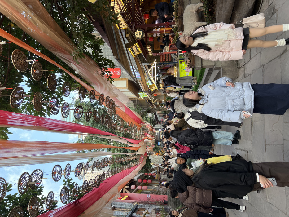 The image displays a bustling pedestrian street in Yuzhong District, China. Overhead, a canopy of red, orange, and cream-colored fabric drapes is strung between buildings and trees, interspersed with numerous circular, woven lanterns containing light bulbs. A partly cloudy sky is visible through gaps in the overhead decorations.
The street is paved with stone or cobblestone and is densely populated with individuals of varying ages, predominantly walking and congregating near storefronts. On the left side, multi-story buildings with traditional architecture feature red lanterns and stone steps leading upwards in the background. The right side of the street presents a series of open-front commercial establishments and food stalls with tiled roofs and wooden structures, some displaying goods and manned by vendors. A large, light-colored pig statue is positioned on a raised green platform on the right.
In the immediate foreground, from left to right, are three individuals. A person on the left wears a black beanie, black jacket, and brown skirt, holding a white cup and a smartphone. In the center-right, a young woman in a light blue puffer jacket and a dark skirt holds a smartphone. On the far right, another young woman wears a pink puffer jacket, a white scarf, a black skirt, and white leg warmers, carrying a light-colored handbag. Most individuals in the scene are dressed in winter attire, including puffer jackets and scarves.
