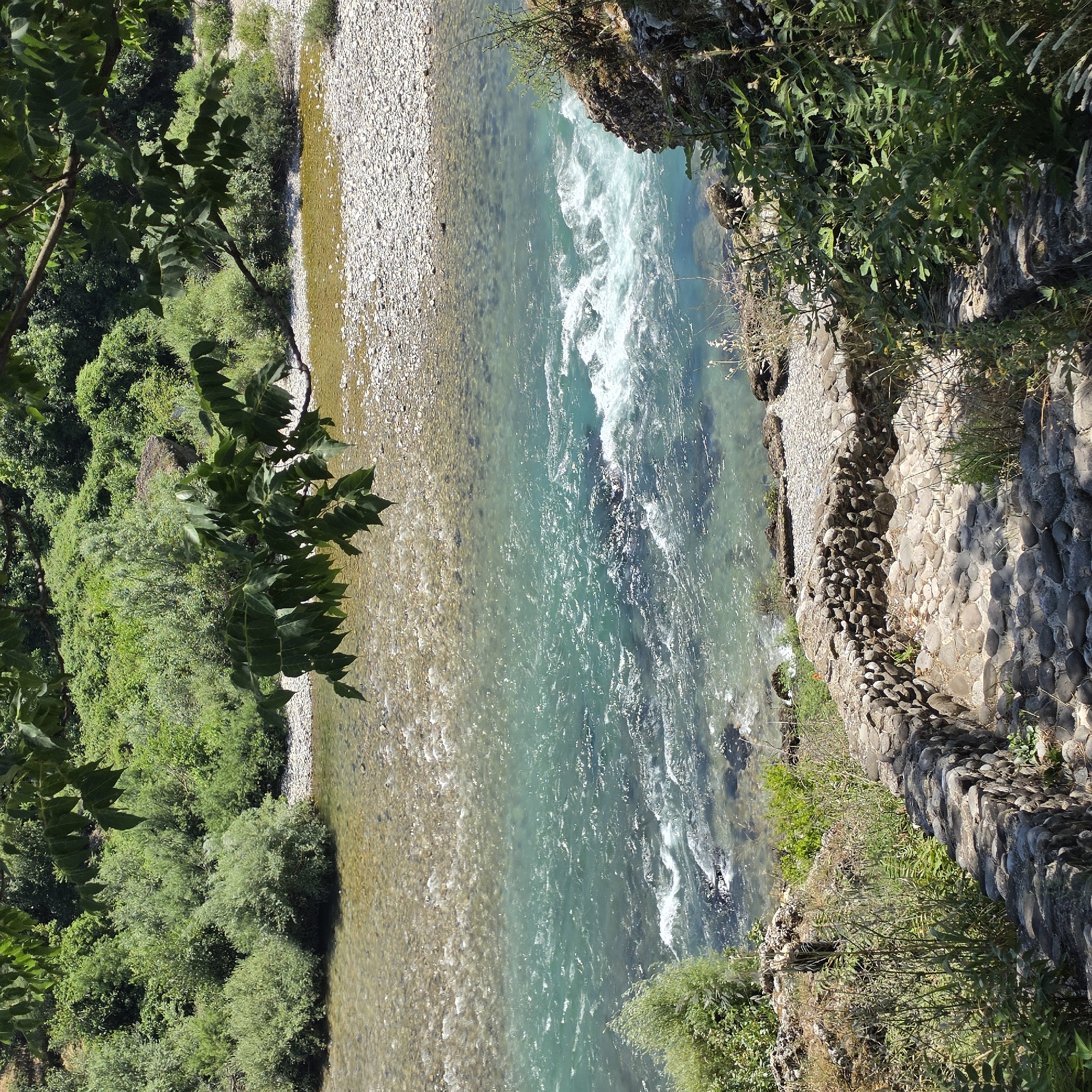 The image depicts the Morača River in Podgorica, Montenegro, viewed from a high vantage point. The river's water is clear with varying shades of blue and turquoise, showcasing a rocky riverbed. White frothy rapids are visible mid-frame. The left bank is densely vegetated with green trees and shrubs. The right bank features a constructed stone pathway or wall, also densely vegetated with greenery, including grass and bushes. The pathway is composed of light and dark-colored stones of varying sizes. The river's edges are lined with pebble beaches, and the overall environment suggests a natural setting within or near a city.