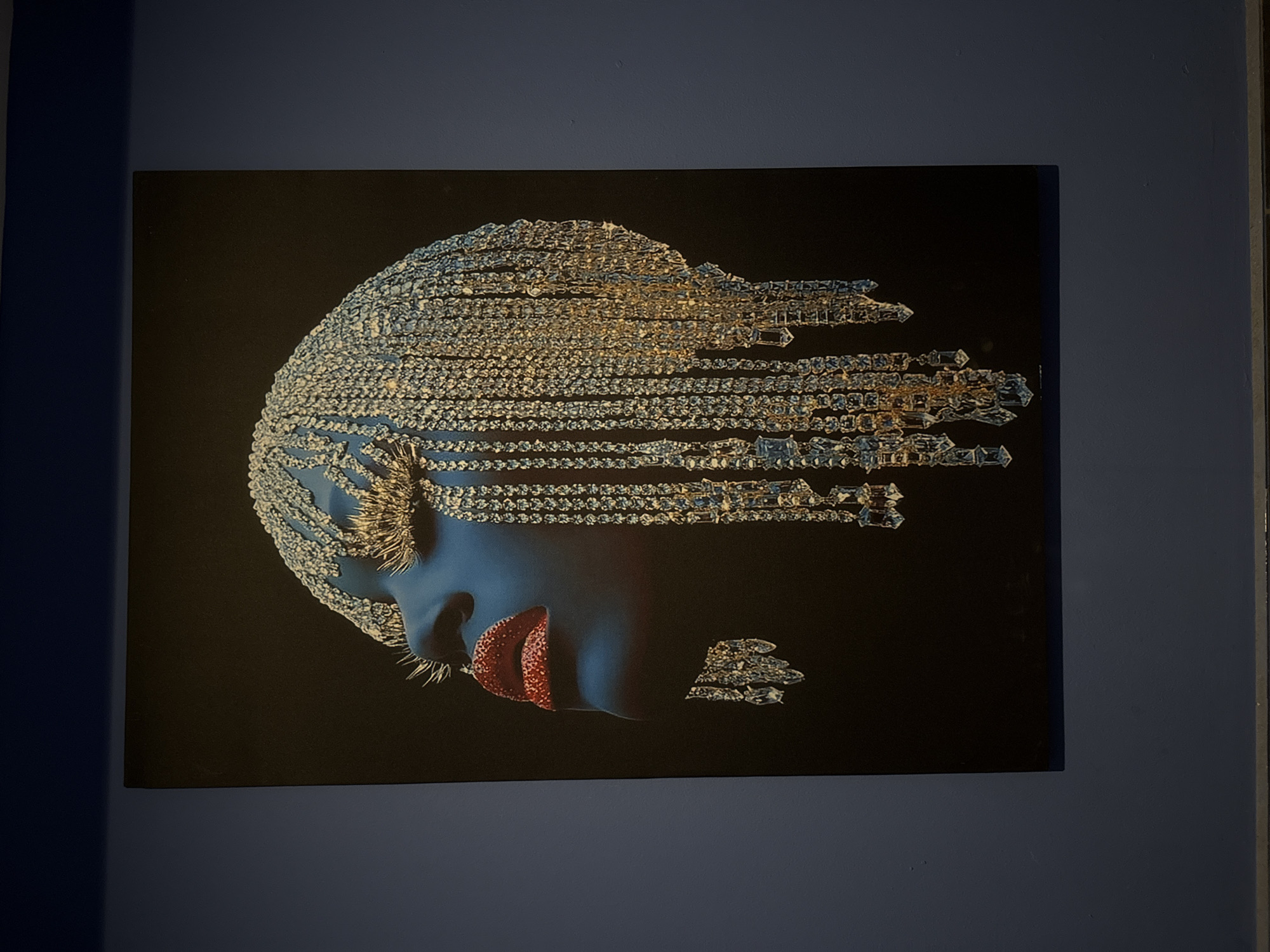 An artwork depicting a stylized human head in profile, facing left, is mounted on a dark blue wall. The head features a luminous, deep blue or indigo skin tone. Its hair is elaborately rendered as a flowing mass of interconnected, crystal-like elements that shimmer with gold and silver reflections, extending horizontally to the left like a dynamic headdress or swept-back braids. Long, spiky eyelashes, also appearing crystalline, frame the eye area. The lips are a striking focal point, rendered in a vibrant, textured glittery red. A smaller cluster of similar crystalline elements is positioned below and to the right of the face, possibly decorative or an extension of the primary form.
The artwork is set against a stark black background, which contrasts sharply with the reflective and colorful elements of the figure. The artistic style is fantastical and surreal, emphasizing texture and light reflection. The entire piece is rectangular, likely a canvas or print, positioned centrally on the wall. The surrounding wall has varying shades of dark blue, indicating ambient lighting in the room where the photograph was taken. No specific activity is depicted within the artwork other than the posed portrait. There is no visible text in the image. The image was captured in Varna, Bulgaria.