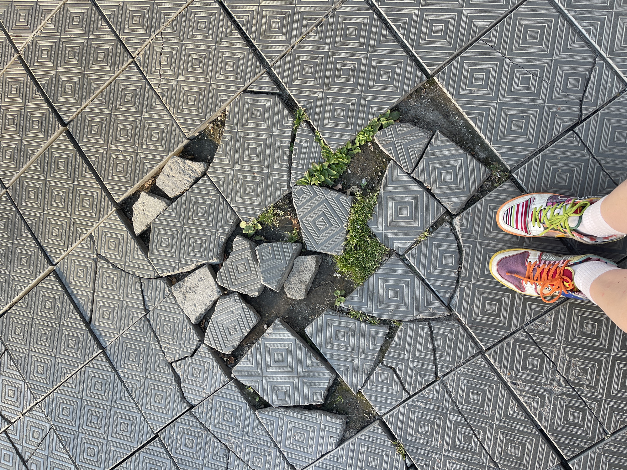 The image depicts a section of a cracked, patterned pavement, likely in Orenburg, Russia. The pavement consists of square tiles with a geometric diamond pattern. A significant portion of the pavement in the center of the frame is broken and displaced, with exposed soil and patches of green grass growing through the cracks.
In the foreground, two feet wearing vibrantly colored, patterned sneakers are visible. The left shoe has orange laces and purple and white detailing, while the right shoe features green laces and multi-colored striped detailing. The feet are standing on the damaged pavement, suggesting the person is walking or has stopped to observe the scene. The lighting suggests it is daytime, with shadows cast by the raised edges of the broken tiles. The overall impression is one of urban decay or disrepair in a pedestrian area.