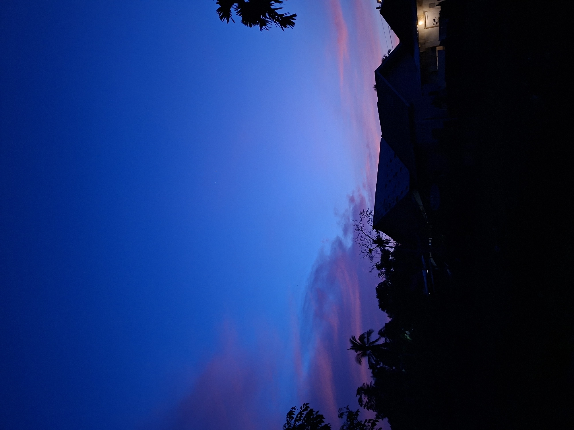 The image captures a serene twilight scene in Lhokseumawe, Indonesia. The sky is a deep, vibrant blue, transitioning to hues of pink and purple near the horizon, indicative of sunset or dawn. Wispy clouds are scattered across the sky, catching the last light of the day.
In the foreground, the silhouettes of houses and trees are stark against the colorful sky. Several houses with angled roofs are visible, some with windows illuminated, suggesting activity within. The vegetation, including palm trees, is densely packed and forms a dark, natural boundary. The overall atmosphere is peaceful and quiet, characteristic of the early evening or morning in a residential area.