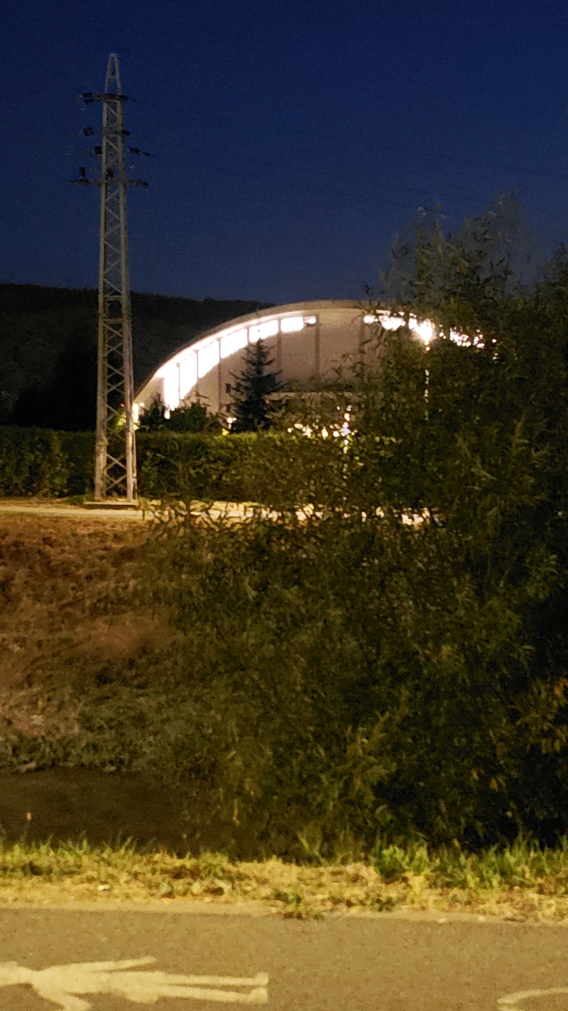 The image depicts an outdoor scene at dusk or night. In the background, a large, arched building with illuminated windows is visible. To the left of the building, a tall, lattice-style electricity pylon stands against the dark blue sky. In the foreground, dense foliage of trees and bushes obscures parts of the scene, with a body of dark water in the lower left quadrant. A paved surface with white markings is in the bottom of the frame. The image does not contain any identifiable landmarks or specific details that would allow for precise localization within the city of Prešov, Slovakia.
