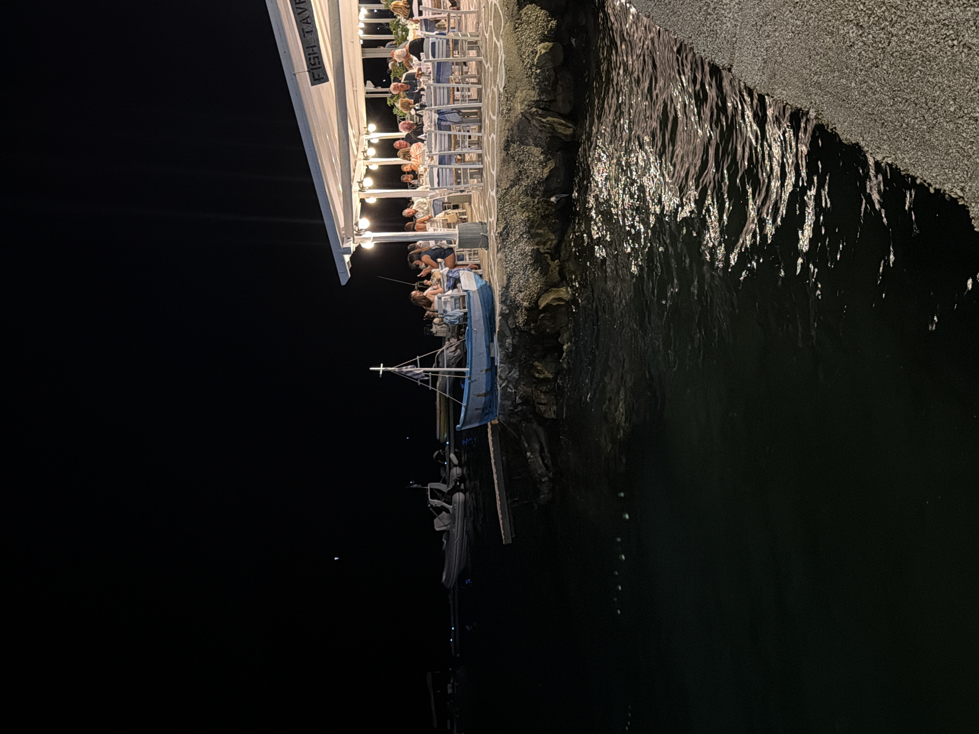 This is a night-time photograph of a waterfront restaurant in Municipal Unit of Alyzia, Greece. The restaurant is covered by a white canopy adorned with string lights. Several tables are set with white tablecloths and chairs, and a group of people are seated and dining. A small blue and white boat is docked near the restaurant. The water in the foreground reflects the lights from the restaurant. The scene suggests a peaceful and pleasant dining experience by the sea.