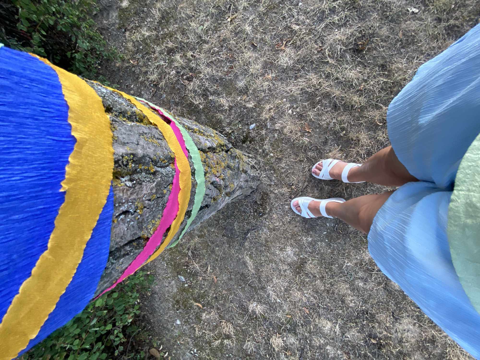 In Purbach, Austria, a low-angle shot captures a tree trunk wrapped in colorful streamers: blue on top, followed by yellow, pink, and green. The ground surrounding the tree is covered in dry grass and dirt. In the foreground, a person's legs are visible from the knees down, wearing white sandals and light blue crinkled shorts.
