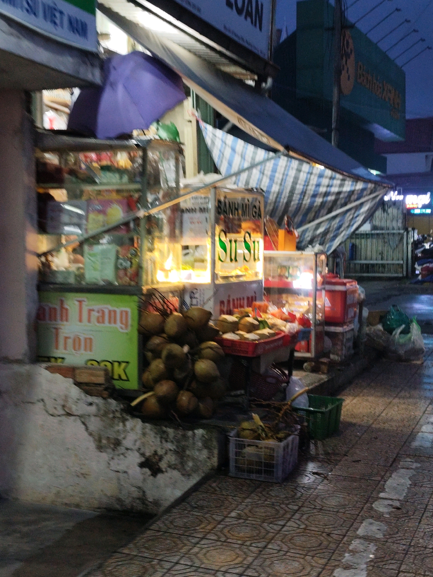 This is a street scene in Da Lat, Vietnam, likely in the evening or early morning, as indicated by the dim lighting and wet pavement. A small food stall is set up on the sidewalk, featuring a glass display case filled with various food items. In front of the stall, a pile of coconuts is visible, some of which are in a plastic crate. A purple umbrella is propped up on top of the stall. The stall has signage in Vietnamese, including "Banh Mi Ga" and "Su Su". The pavement is wet, suggesting recent rain, and the overall atmosphere is that of a local street market. There are no people clearly visible in the frame, but the presence of the stall implies commercial activity. The background shows a building with a green facade and some scaffolding, as well as other awnings and structures typical of a commercial street.