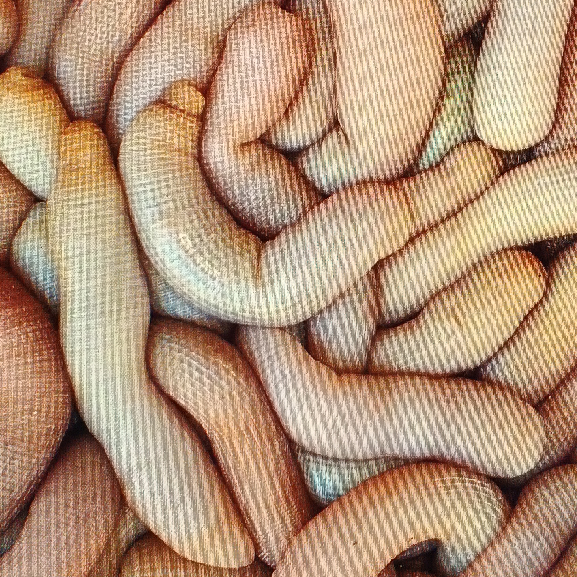 This image is a close-up, overhead shot of a pile of braided traditional Indonesian food, likely *dodol* or a similar confection. The texture is granular and fibrous, with individual strands of the food woven together. The colors range from pale yellow and cream to warm brown and reddish-orange, suggesting different stages of cooking or ingredients. The lighting is soft, creating gentle shadows that highlight the three-dimensional form of the braided food. There are no people or external environmental elements visible. The scene depicts a close-up view of food preparation or presentation, without a specific identifiable location within Ende, Indonesia, as the image focuses solely on the subject matter of the food itself.