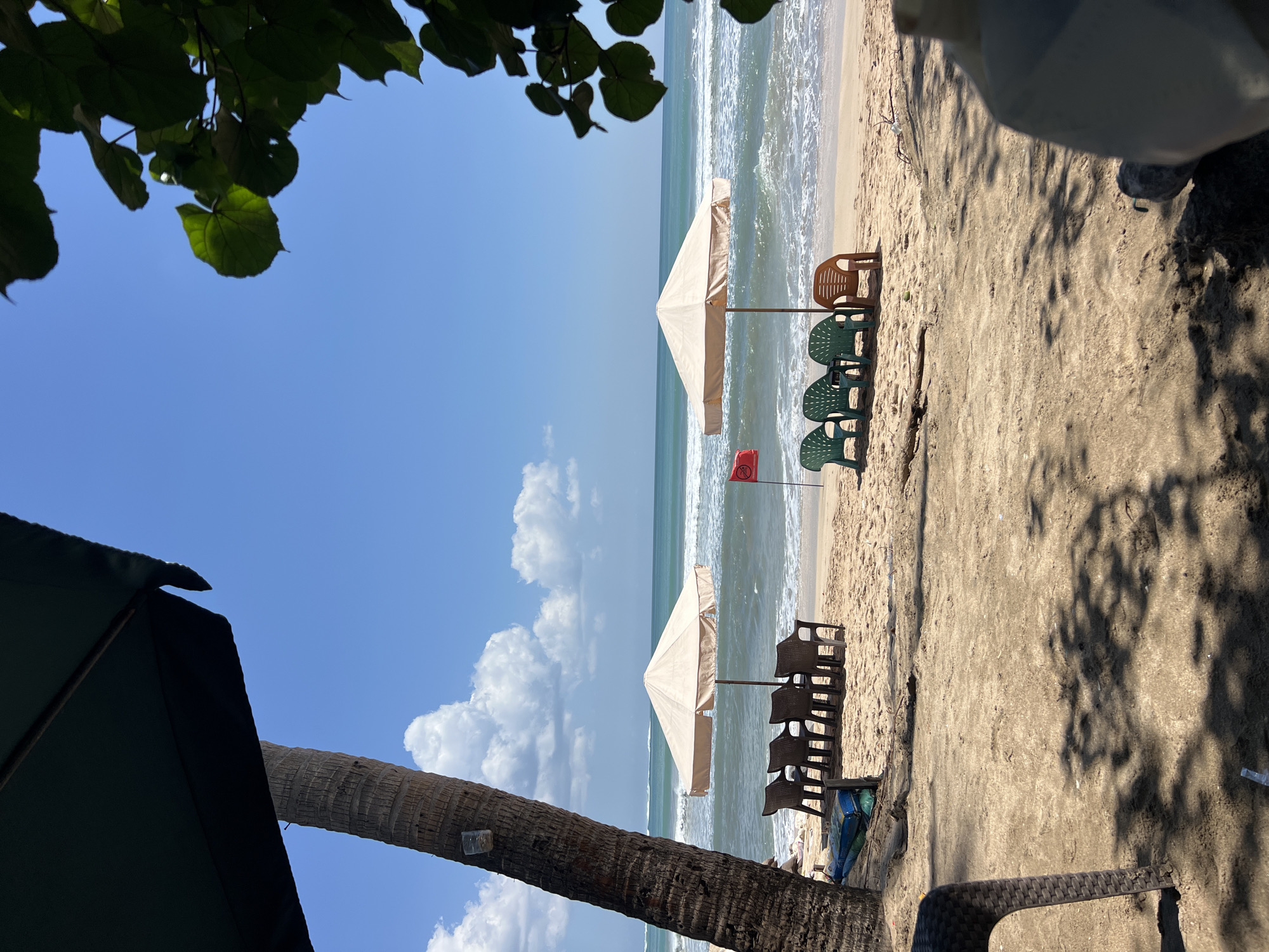 This is a photograph of a beach scene in Kuta, Indonesia, on a sunny day. In the foreground, a portion of a dark umbrella and a palm tree are visible on the left, casting shadows on the sand. To the right, green leaves frame the upper right corner of the image against a clear blue sky.
The middle ground of the image features a sandy beach with several rows of empty chairs. The first row, closer to the water, has four dark brown plastic chairs arranged in a line under a light-colored umbrella. Behind them, another umbrella shelters a row of four dark brown chairs, with one chair slightly separated. A red flag on a pole stands between the two umbrella setups. Further back, there are three green plastic chairs and one orange plastic chair around a small table.
The background displays the ocean with gentle waves breaking on the shore. The water is a vibrant turquoise, transitioning to a deeper blue further out. White clouds dot the bright blue sky. The overall impression is a tranquil, uncrowded beach setting.