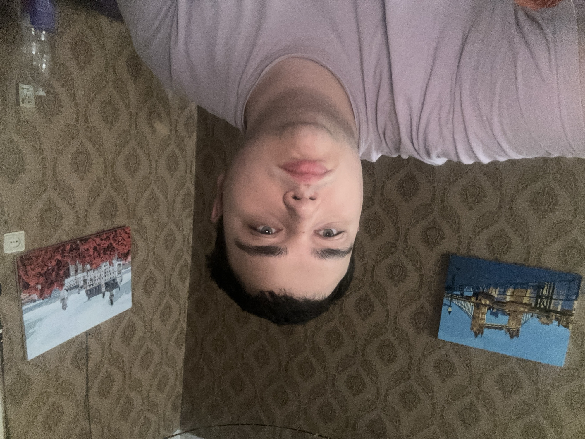 A close-up, indoor, eye-level, medium shot captures a young adult male facing forward, positioned in the center of the frame. He has short, dark hair and light-colored eyes. He is wearing a light purple t-shirt. His expression is neutral. The background features patterned wallpaper. To the left of the man, a framed picture of the Tower Bridge in London hangs on the wall. To the right, another framed picture depicts a European-style castle surrounded by autumn foliage. On the far right, partially visible, is a clear plastic bottle. The lighting is moderate, with a slight shadow on the right side of the man's face.