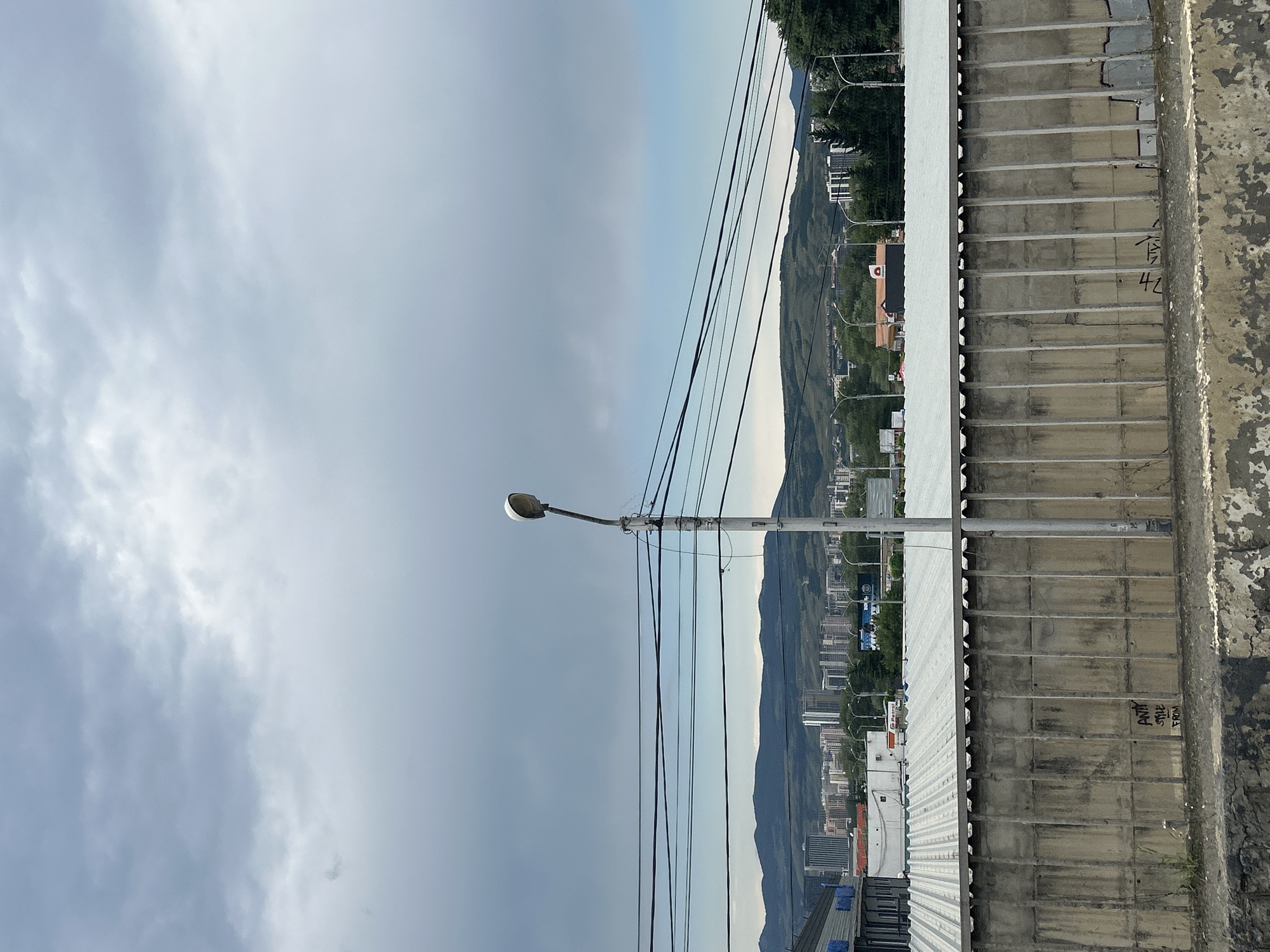 The image depicts a cityscape in Tbilisi, Georgia, characterized by a cloudy sky, rolling hills in the distance, and urban infrastructure. In the foreground, a tall, weathered concrete wall runs horizontally across the frame, its surface marked with vertical reinforcement bars and some graffiti. Above the wall, a corrugated metal roof of an industrial-looking building is visible. A solitary lamppost stands prominently near the center, its curved arm holding a light fixture, with numerous power lines extending from it and crisscrossing the mid-ground. Beyond the lamppost, the distant city skyline features a dense cluster of buildings, including high-rises, interspersed with greenery and the undulating slopes of the surrounding hills. The overall impression is one of an overcast day in an urban environment, with a blend of industrial and residential elements.