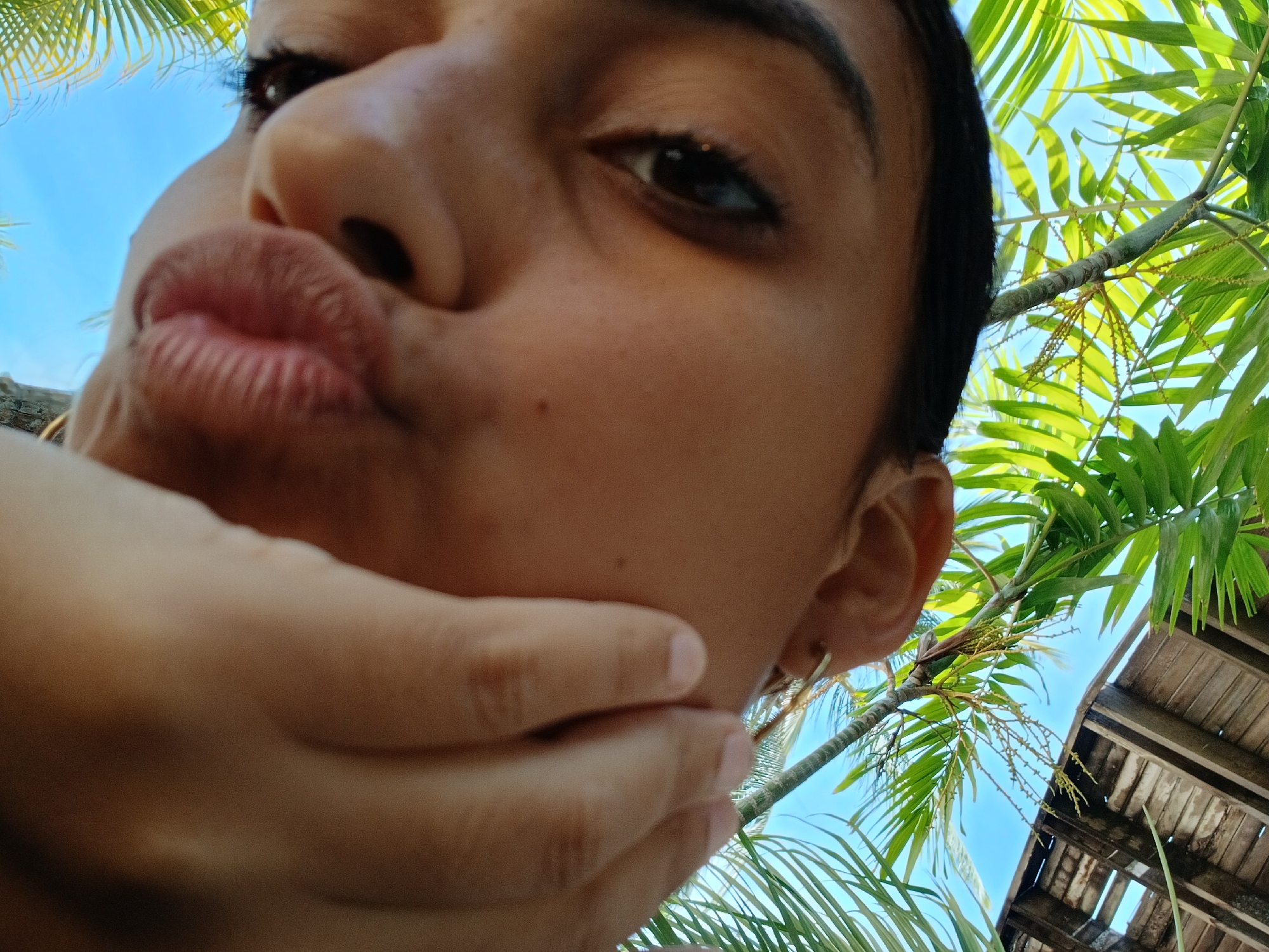 A close-up selfie taken from a low angle features a person with dark hair, brown eyes, and a light-to-medium complexion. Their lips are pursed in a pouting expression. The person's hand is partially obscuring the view of their face.
In the background, there are tropical plants, including palm fronds, against a bright blue sky. A portion of a wooden structure is also visible.
The image appears to be taken in an outdoor setting, potentially near Playa El Agua, Venezuela, indicated by the tropical vegetation. There is no immediate evidence in the image to confirm or deny the person is located at Playa El Agua.