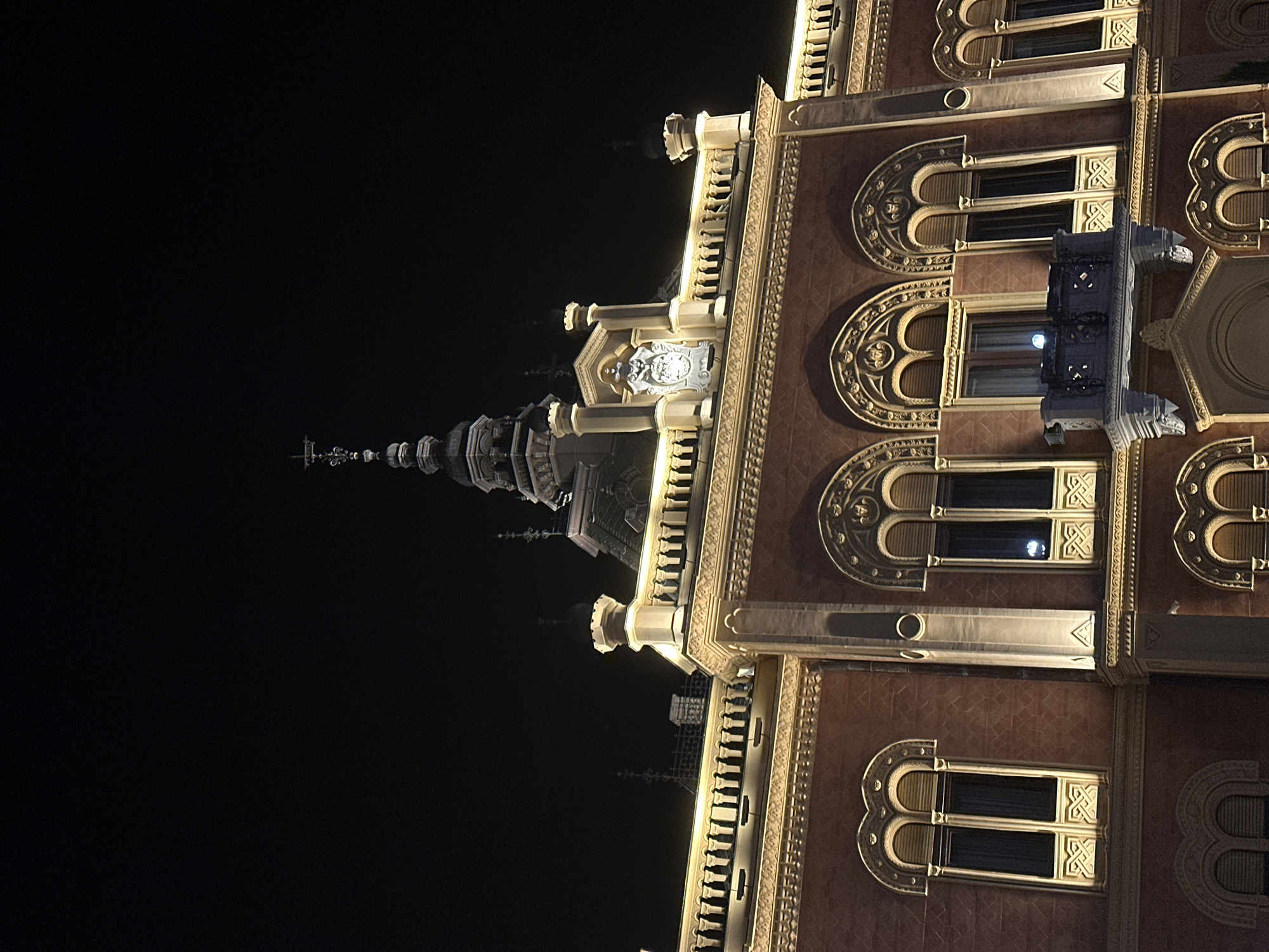 The image depicts a night view of a building with intricate architectural details. The building has a tall spire or tower on its left side, reaching into the dark sky. The facade is decorated with windows in arched frames and elaborate ornamental carvings. The lighting highlights the building's features, accentuating the details. The building is located in Novi Sad, Serbia.