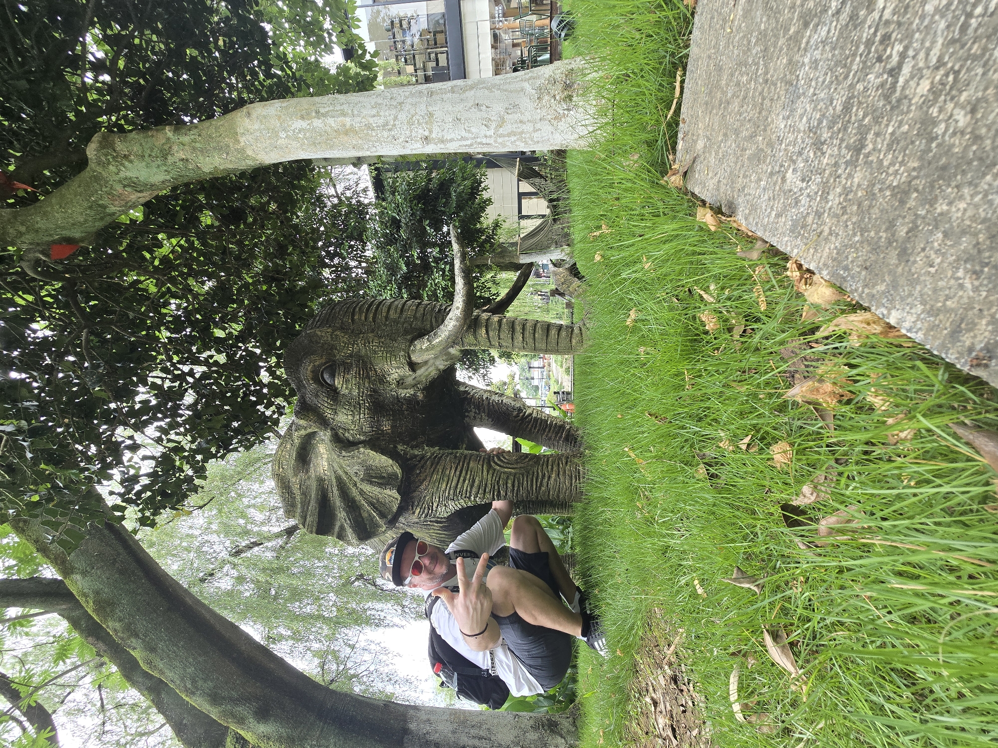 In Xihu District, China, a man crouches on vibrant green grass in front of a large, textured elephant statue. The man, wearing a white t-shirt, dark shorts, a cap, sunglasses, and a backpack, flashes a peace sign with his right hand. He is positioned to the left of the elephant. Behind the statue and the man, trees with lush green foliage and mossy trunks form a canopy. In the background, a modern building with glass windows and visible interior furnishings can be seen. The ground in the foreground is partly covered with dry leaves and a concrete edge is visible on the right. The scene is illuminated by natural daylight, creating soft shadows.