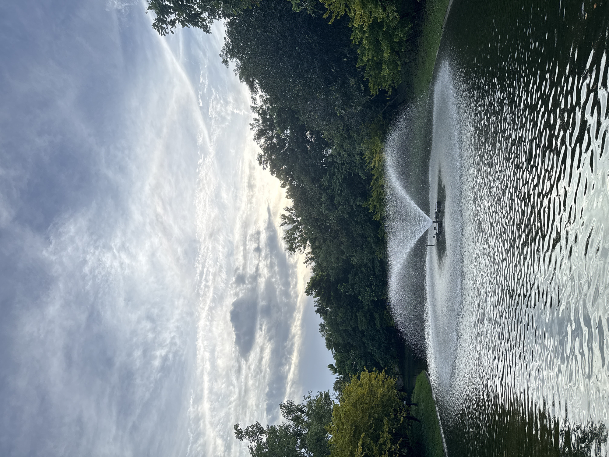The image depicts a tranquil pond with a central fountain spraying water upwards and outwards, creating a fan-like effect. The pond is surrounded by lush green trees and foliage, with a partially cloudy sky overhead. The lighting suggests it is either early morning or late afternoon, with a soft glow filtering through the clouds. The water's surface is rippled, reflecting the light and the surrounding greenery. There are no people or man-made structures visible in the immediate vicinity of the pond, contributing to a natural and serene atmosphere. The scene is consistent with a park or a botanical garden. This image was taken in Lumphini Park, Bangkok, Thailand.