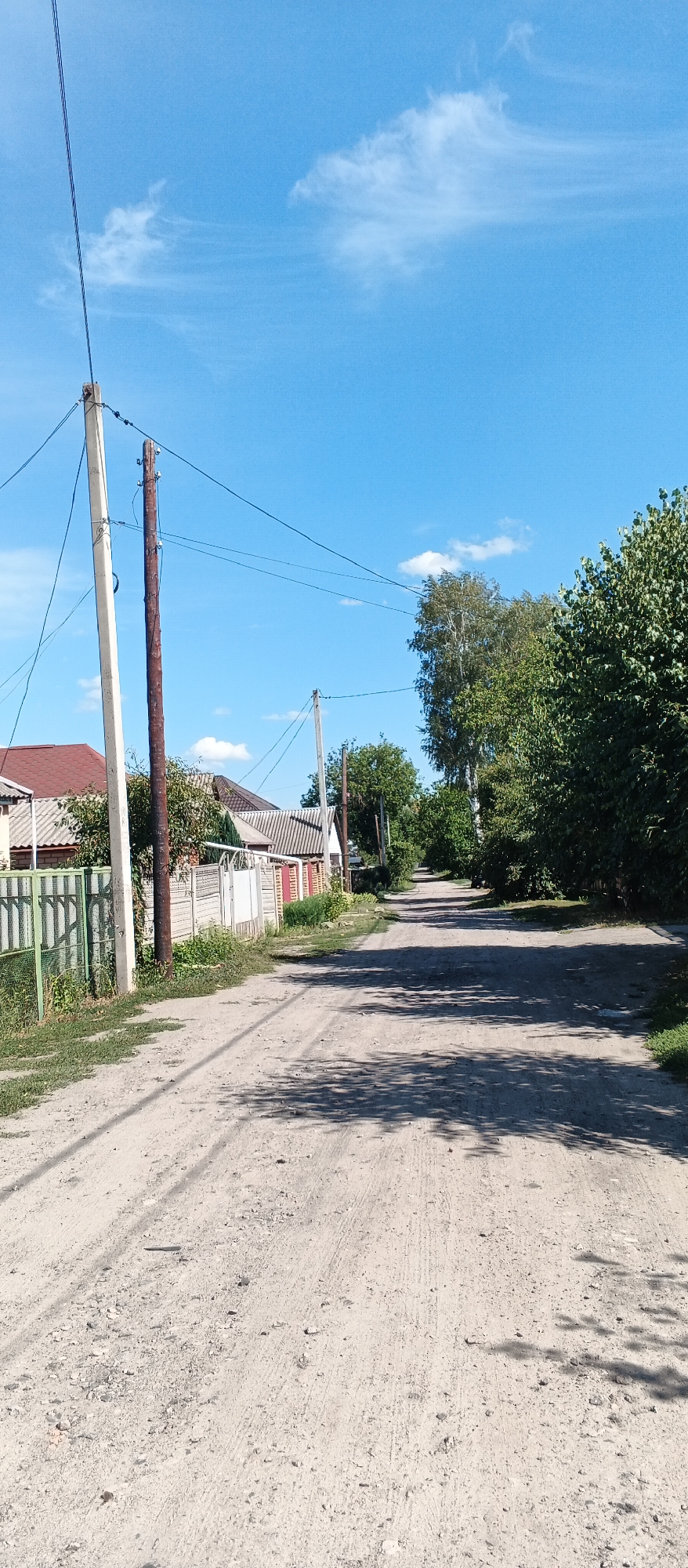 This is a vertical, eye-level, outdoor photograph depicting a rural road in the city of Smila, Ukraine. The road is unpaved, composed of dirt and gravel, and shows tire tracks. Trees line both sides of the road, casting shadows across the surface. On the left side of the road, there are fences and houses with visible roofs. On the right, more trees create a dense green border. Utility poles with wires are present along the road. The sky is clear blue with a few scattered white clouds. The image appears to be taken on a sunny day.