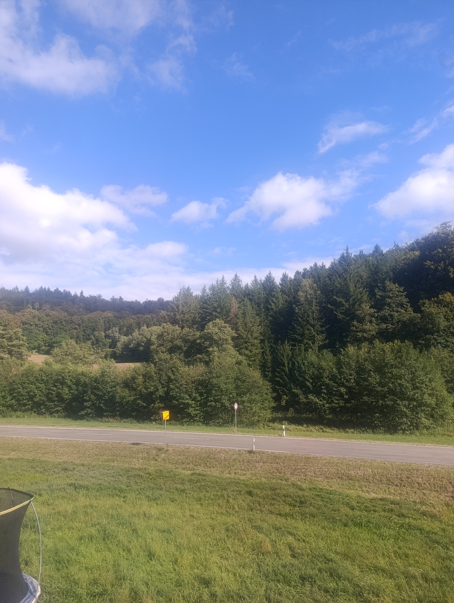 The image displays a rural landscape on a clear, sunny day with a bright blue sky dotted with white clouds. In the foreground, a grassy field stretches across the lower portion of the frame. A dark, mesh object, possibly part of a camping tent or similar equipment, is partially visible on the far left. A paved road runs horizontally across the mid-ground, with a white line marking its center. Two small white posts are situated along the side of the road. To the right of the road, a yellow traffic sign with black lettering is mounted on a pole. Beyond the road, a dense forest of green trees covers a sloping hillside. The trees vary in height and species, with some appearing to be conifers and others deciduous. The forest extends to the horizon, meeting the sky. The scene is devoid of people or animals. The image appears to have been taken from a slightly elevated position, looking towards the road and the forest. Based on the context of Berching, Germany, this scene likely depicts a roadside view in a rural area surrounding the town, characterized by its agricultural land and forested hills.
