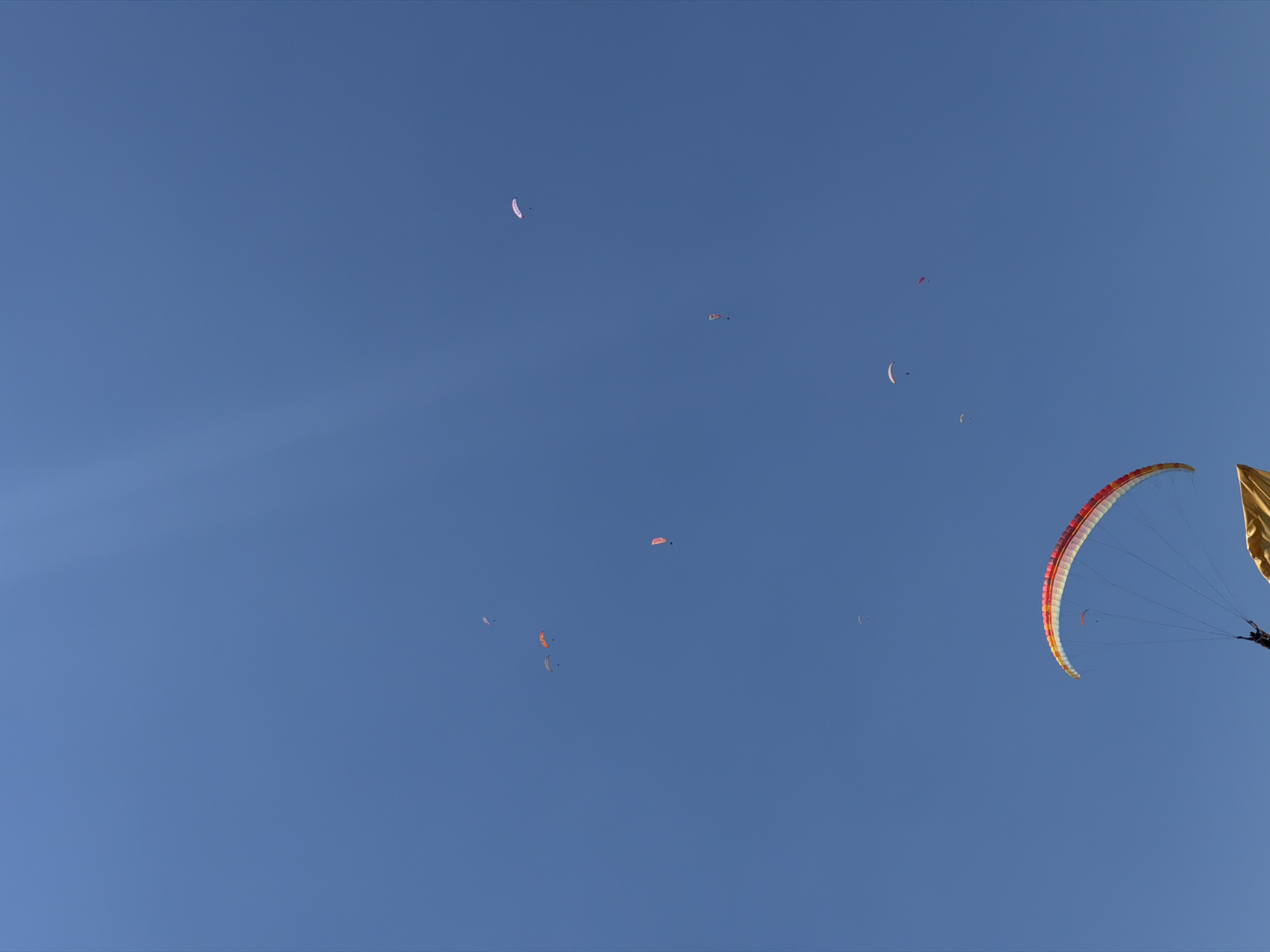 The image depicts a clear blue sky filled with several paragliders in flight. In the foreground, a large paraglider with red, orange, and yellow stripes is prominently displayed, with a person visible below the wing. Further in the distance, multiple smaller paragliders are scattered across the sky, appearing as colorful specks against the blue expanse. The overall scene suggests an activity taking place in an open, outdoor environment. Given the presence of paragliders and the clear skies, this scene is likely from Fethiye, Turkey, a popular location for paragliding due to its scenic coastal mountains and favorable wind conditions.