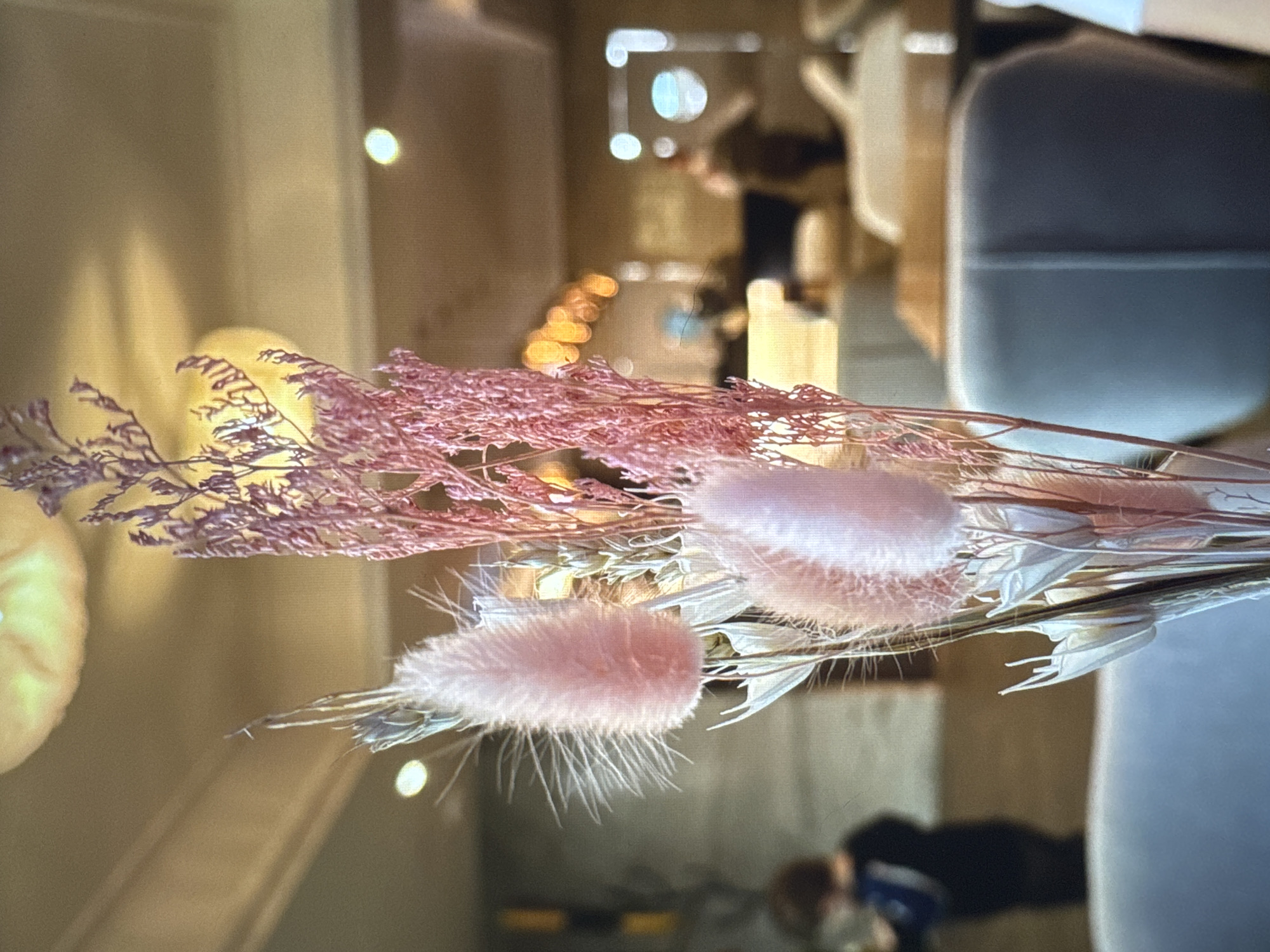The image features dried flowers with pink and purple hues in the foreground. The background is blurred, suggesting an interior setting, possibly a restaurant or cafe. The location is identified as Новинки, Russia, based on metadata. The depth of field is shallow, focusing on the flowers while the background remains indistinct. A figure is partially visible in the background, but details are not discernible due to the blur. The overall lighting is soft and diffused, creating a warm ambiance.