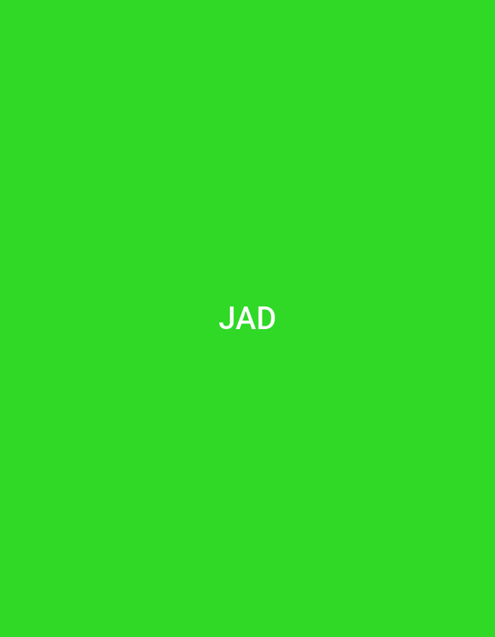 The image displays a solid, vibrant green background. Centered horizontally and positioned slightly below the vertical midpoint is the uppercase text "JAD" rendered in white, sans-serif font. No people, other subjects, or objects are present within the frame. There are no discernible actions, interactions, or environmental details beyond the uniform green color. The image contains no visual information or contextual clues that would indicate a specific geographical location, including the city of Casablanca, Morocco.