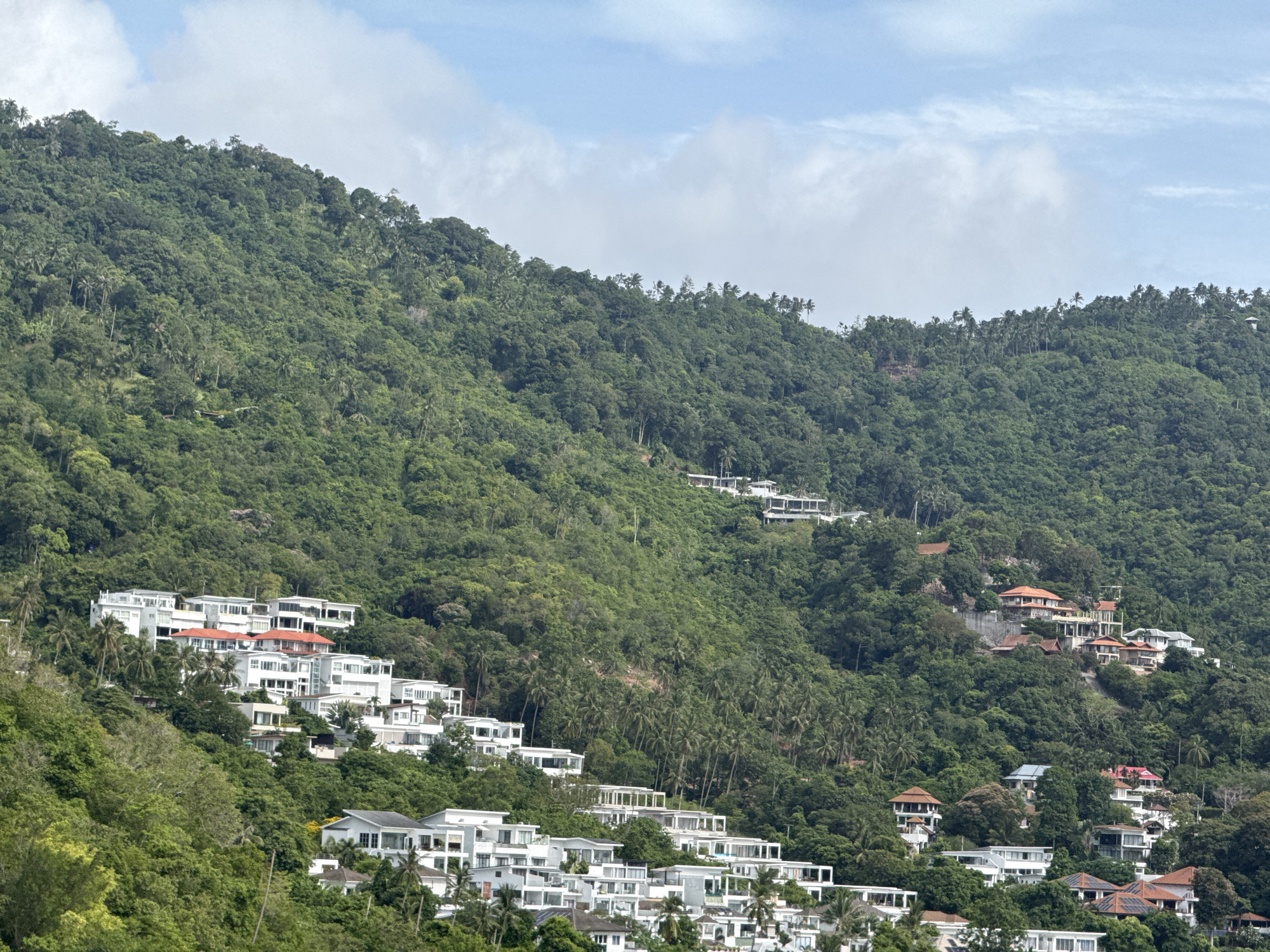 The image shows a hillside dotted with numerous modern white villas in the Ko Samui District of Thailand. The villas are built on multiple levels, cascading down the lush green, densely forested slope, which is characterized by palm trees and other tropical vegetation. The architecture of the villas is predominantly contemporary, featuring clean lines, flat roofs, and large windows, with some exhibiting red-tiled roofs. The sky above is partially covered with white clouds against a light blue backdrop. No people are visible in the scene. The overall impression is one of a developed tropical hillside residential area.