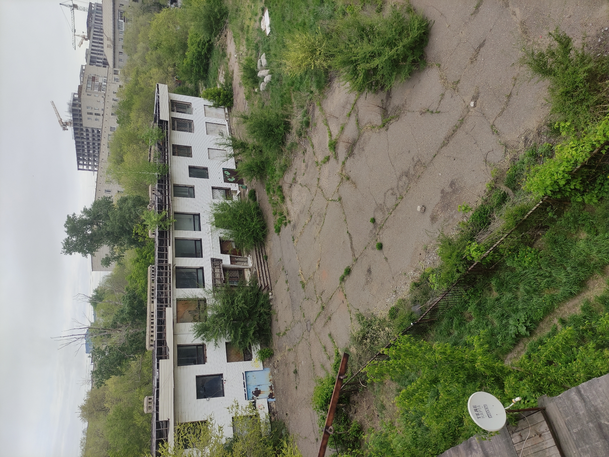 The image shows an abandoned, dilapidated white building, overgrown with vegetation, situated in an urban area of Pavlodar, Kazakhstan. The building has multiple floors, and the windows are mostly broken or missing. There's a cracked, concrete area in front of the building. In the background, modern high-rise buildings under construction are visible. A satellite dish is positioned in the lower right corner of the frame, mounted on a structure. A rusted fence separates the building from the dense green area. The sky is overcast.