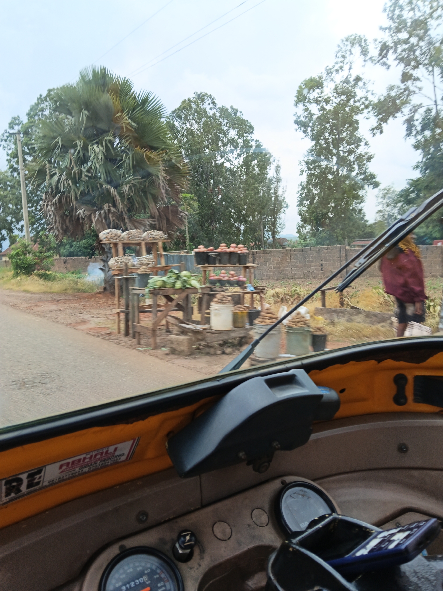 This is a photograph taken from the interior of a yellow vehicle, likely a three-wheeled auto-rickshaw, looking forward and slightly to the right. The foreground shows the dashboard of the vehicle, including a steering column and part of a speedometer. A label with red and white text is visible on the interior panel, reading "RE ABHALI SPAN TUNING" and a phone number.
The scene outside the vehicle depicts a roadside market. Wooden stalls are set up, displaying various produce. In the middle ground, there are stacks of what appear to be dried goods or root vegetables on elevated wooden shelves, and bundles of leafy green vegetables on a lower shelf. To the right, a stall displays red fruits, possibly tomatoes or apples, and buckets filled with more produce. A person wearing a reddish-brown garment and a yellow head covering stands near the market stall, facing away from the camera.
The background features a rural landscape with lush green trees, including a large palm tree with fan-shaped leaves on the left. A low brick wall runs along the back of the market area. The sky is overcast, suggesting a cloudy day. The overall impression is of a typical roadside scene in a warm climate, possibly in a developing country. The image appears to have been taken during the day.