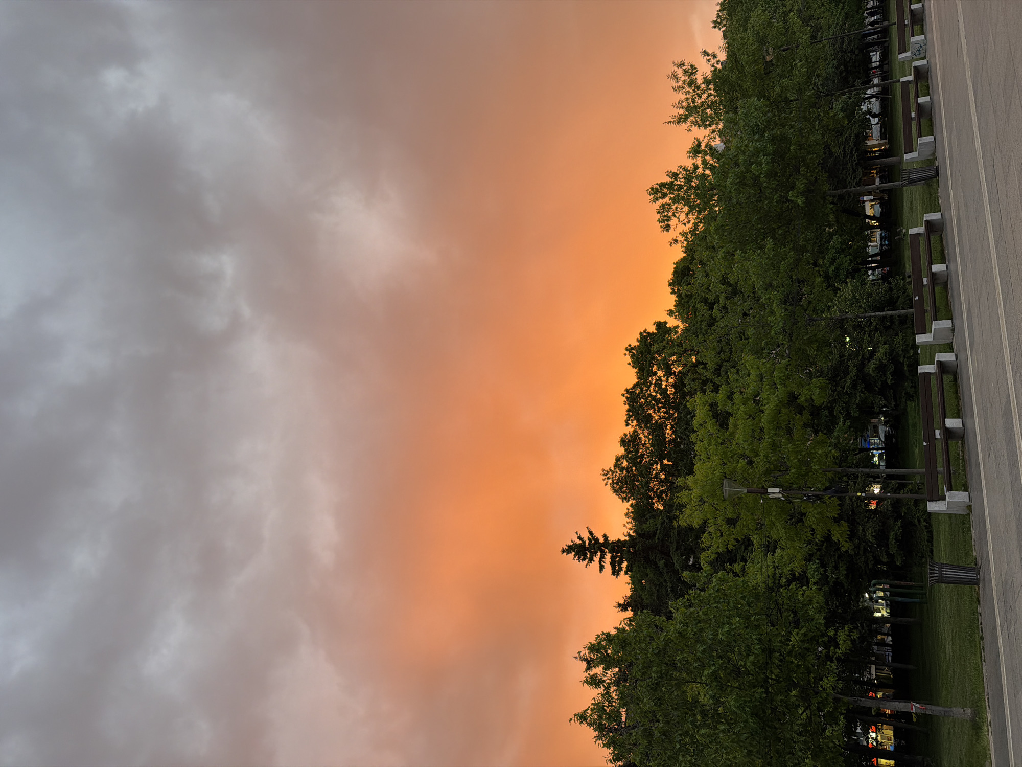 The image shows a park scene during sunset. The sky is divided between a cloudy, grey area on the left and a vibrant orange-colored area to the right. A line of green trees runs vertically along the right side of the image, obscuring some of the orange sky. Along the trees, there is a concrete path with benches attached. Underneath the trees is a grassy area with street lights visible.
Given the presence of a parkway with benches and streetlights, I cannot pinpoint the exact location within Sofia, Bulgaria, without further visual cues or landmarks specific to the city. The picture suggests a park setting in an urban environment.