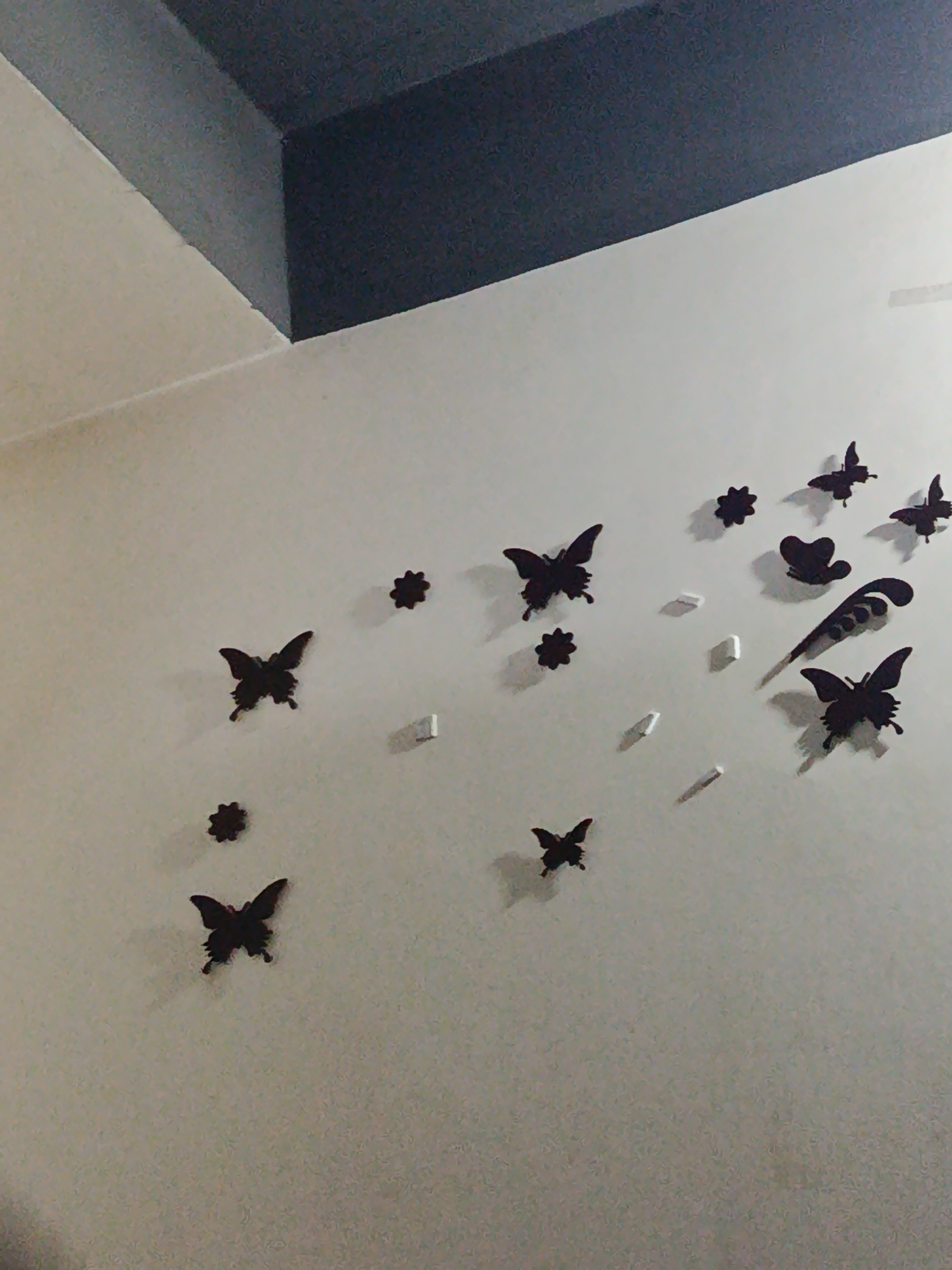 The image shows a wall with various black decorative objects, including butterflies, floral shapes, a heart, and a flourish. These objects are likely wall decals or stickers. The wall is white with a dark gray corner at the top. The scene appears to be indoors, likely in a residential setting. There are no people in the image. The location is unknown and cannot be determined with the information given.