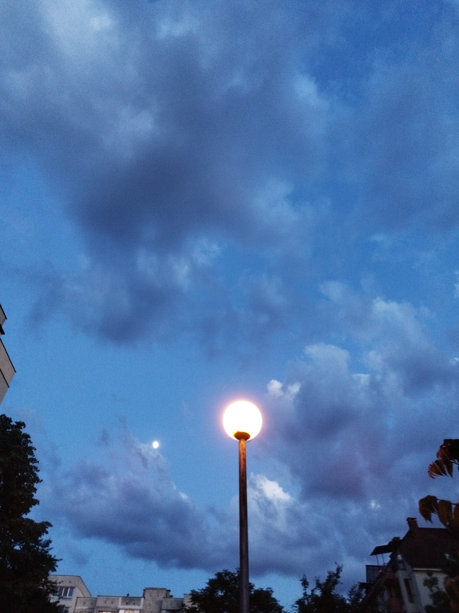 The image depicts a street scene at dusk or twilight, likely in a residential area. The sky is a mix of blue and dark, cloudy patches. A prominent street lamp with a spherical, lit bulb dominates the midground, positioned centrally. To the left of the lamp, there is what appears to be the moon, partially obscured by clouds.
The lower part of the image shows buildings and treetops, silhouetted against the sky. The presence of the moon and the architectural style suggest the location is likely in a European city. Based on the photographer's public profile, a possible location for the image might be in Sofia, Bulgaria. The specific architecture is consistent with that found in residential areas of Sofia.
No people or direct actions are visible in the image. The only interaction is the ambient light cast by the street lamp on the surroundings.