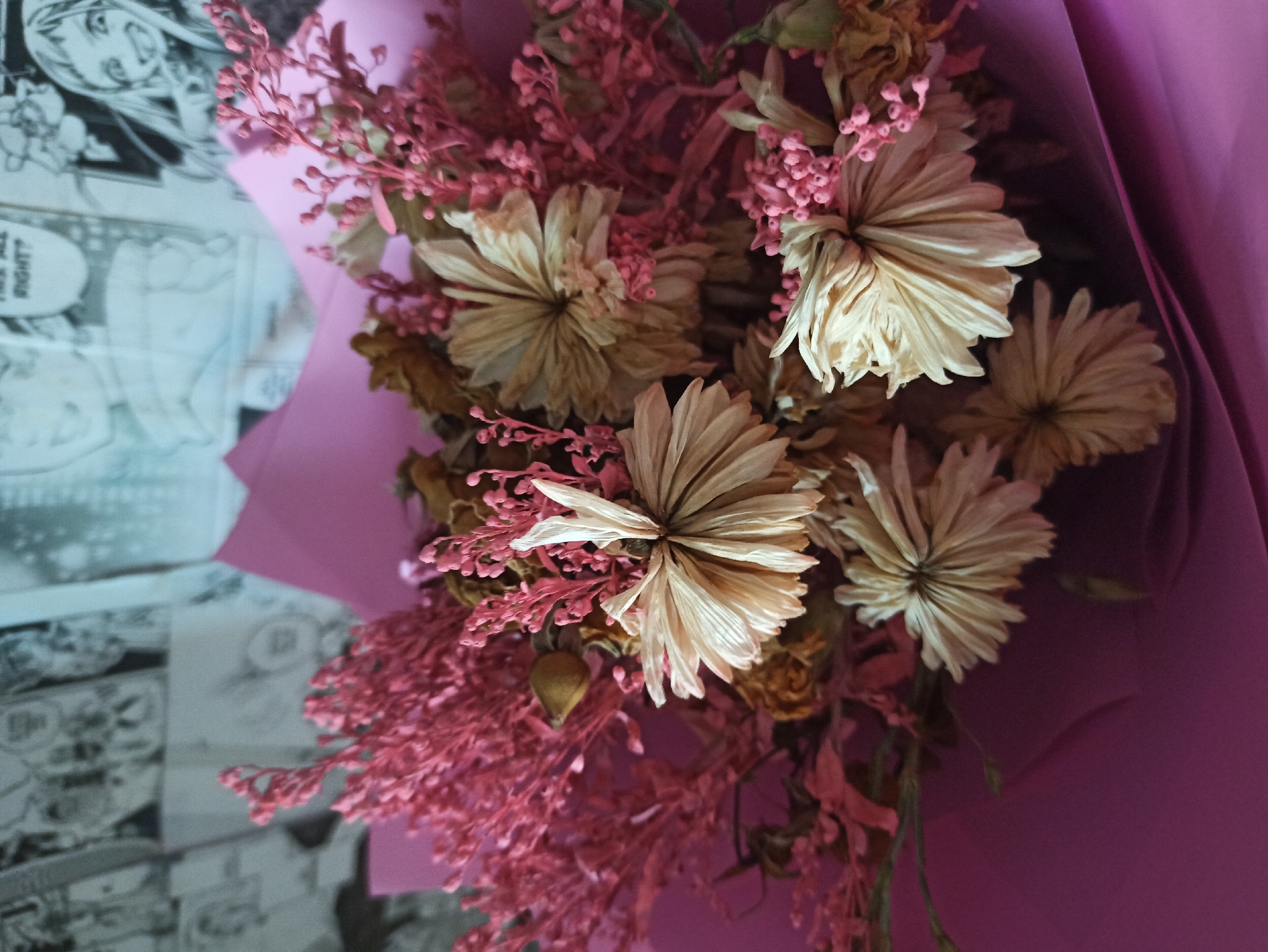 A close-up, high-angle shot shows a bouquet of dried flowers, predominantly in shades of beige and pink, arranged against a background of what appears to be manga pages. The bouquet is wrapped in vibrant pink paper. Several dried flowers with delicate, layered petals are visible, interspersed with sprigs of small pink flowers and seed pods. The manga pages behind the bouquet feature black and white drawings and text. The overall lighting is soft, creating a gentle illumination on the floral arrangement.