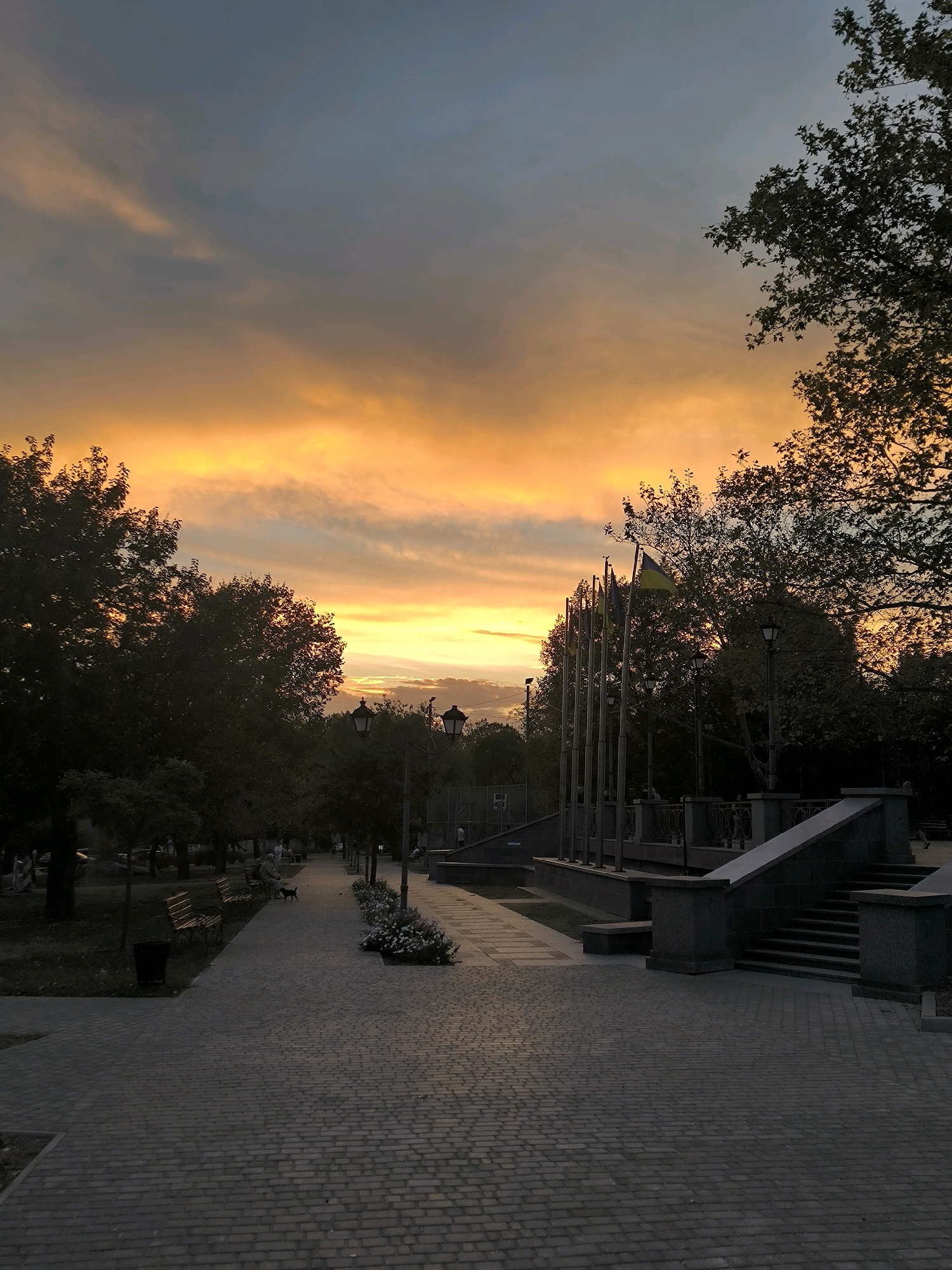 The image depicts a park in Mykolaiv, Ukraine, during a vibrant sunset. The sky is ablaze with hues of orange, yellow, and pink, with dramatic clouds streaking across the horizon. A paved walkway, likely made of brick, extends into the distance, lined with trees on either side. Benches are visible along the left side of the path, and a few people are seated on them or walking. A small dog is walking on the path.
On the right side of the walkway, a series of flagpoles stand tall, some bearing the Ukrainian flag. Behind the flagpoles, there is a stone structure with steps leading up to a platform. Trees with dense foliage frame the scene, silhouetted against the bright sky. Streetlights are also present along the walkway. The overall atmosphere is tranquil and picturesque, capturing the beauty of the natural light and the urban park setting.