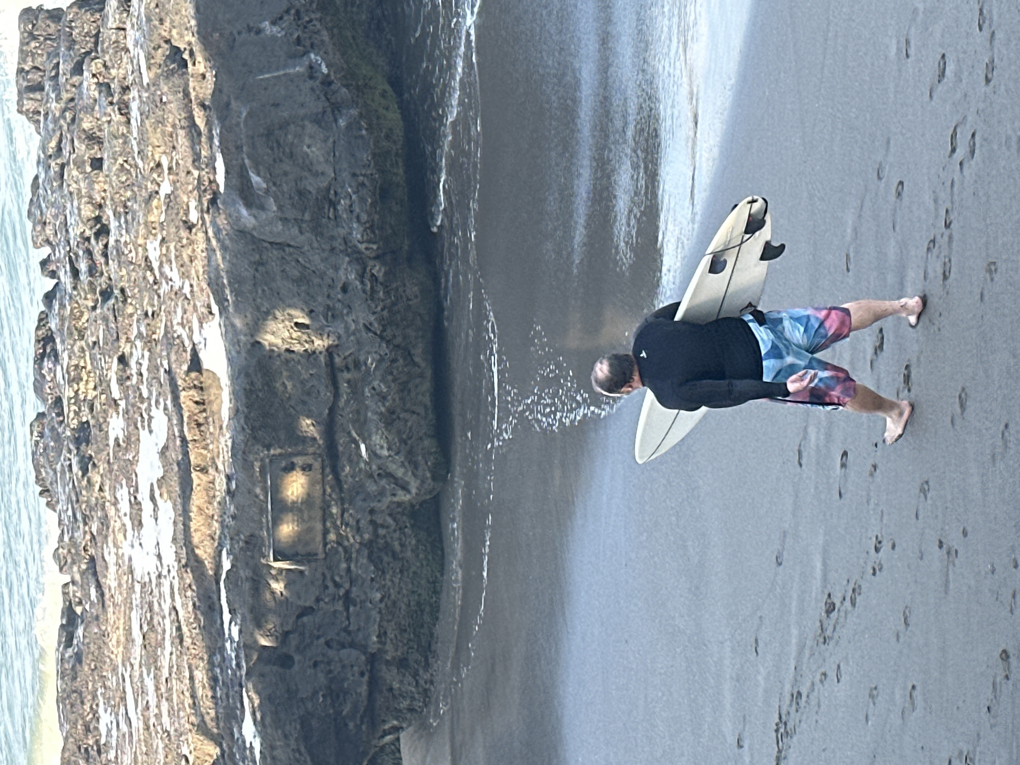 The image depicts a man standing on a beach, holding a surfboard. He is viewed from behind, wearing a black long-sleeved rash guard and colorful board shorts. His feet are bare, and he is walking towards the water. The beach is sandy with visible footprints. In the background, there are large rocks and the ocean. The scene appears to be a coastal area, potentially in the city of North Kuta, Indonesia, given the presence of the ocean and rocky formations.