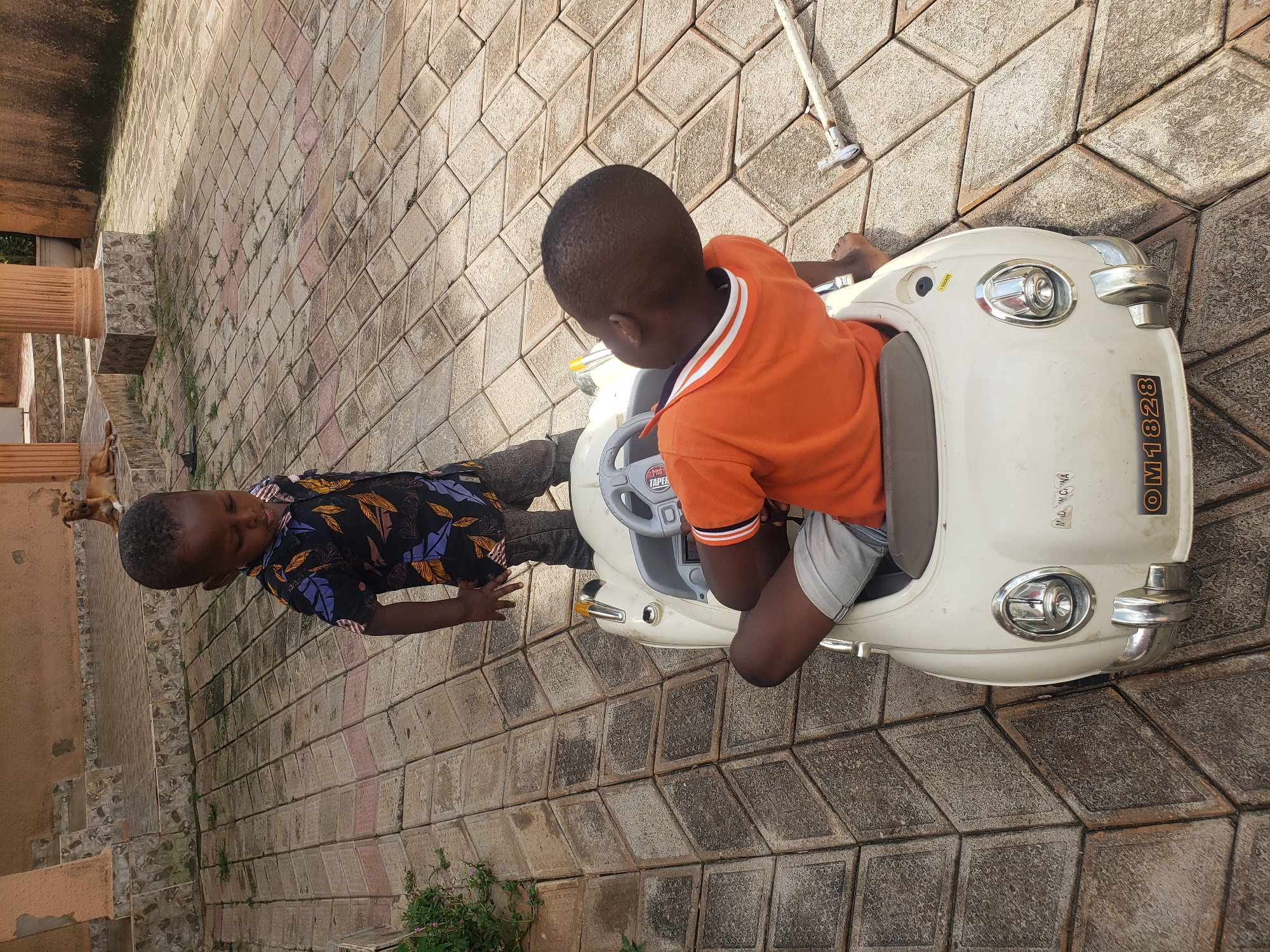 A young boy in an orange shirt and grey shorts sits in a white toy car. Another young boy in a black and floral print shirt stands behind the toy car, looking down at it. They are on a paved patio with diamond-shaped tiles. A dog lies down on a raised tiled area in the background. The scene appears to be in Sabon Tasha, Nigeria, based on contextual information.